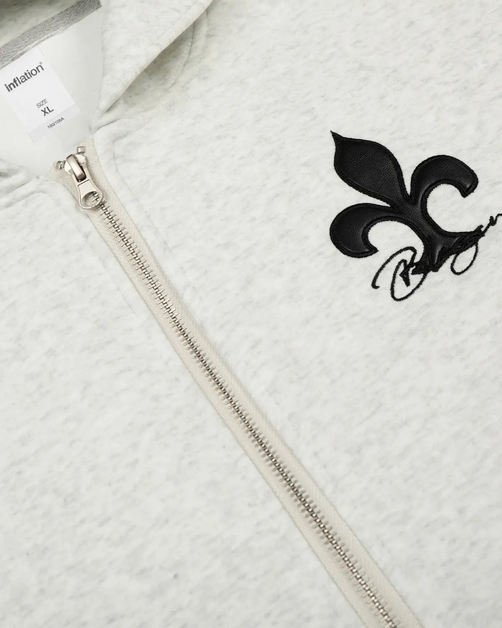 Inflation Streetwear Cross PU Patch embroidery zip-up hoodie with front pockets and adjustable hood, stylish and casual.