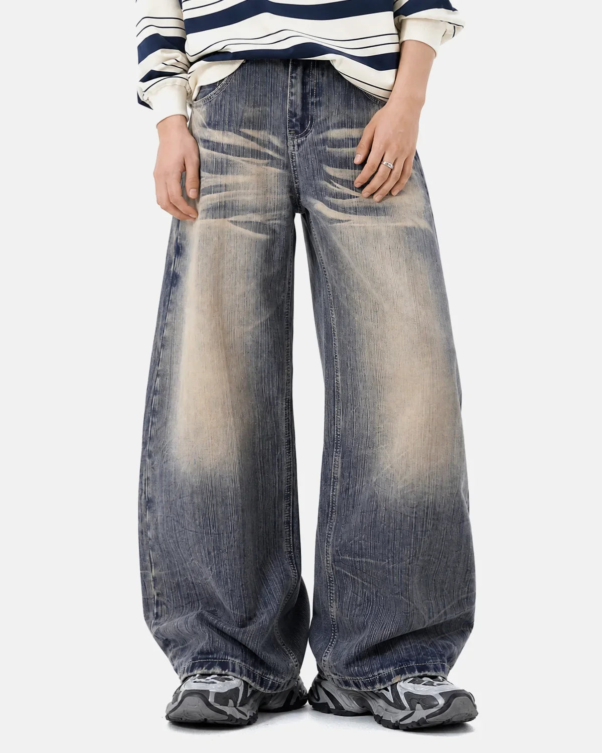Inflation Streetwear Bamboo Weave Dirty Wash Barrel Jeans showing distressed denim with bamboo-inspired texture and relaxed fit.