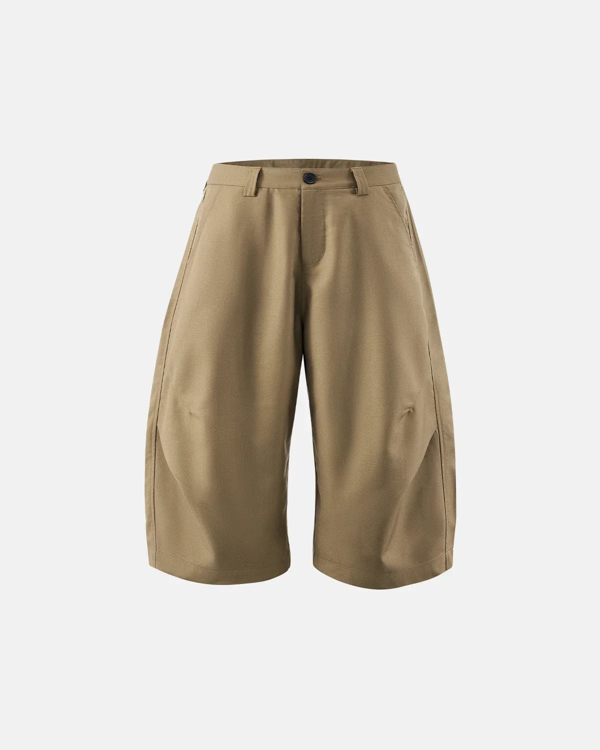 Inflation brand pleated barrel tailored Bermuda shorts in neutral fabric, showcasing a stylish, relaxed fit with a high waist and cuffed hem.