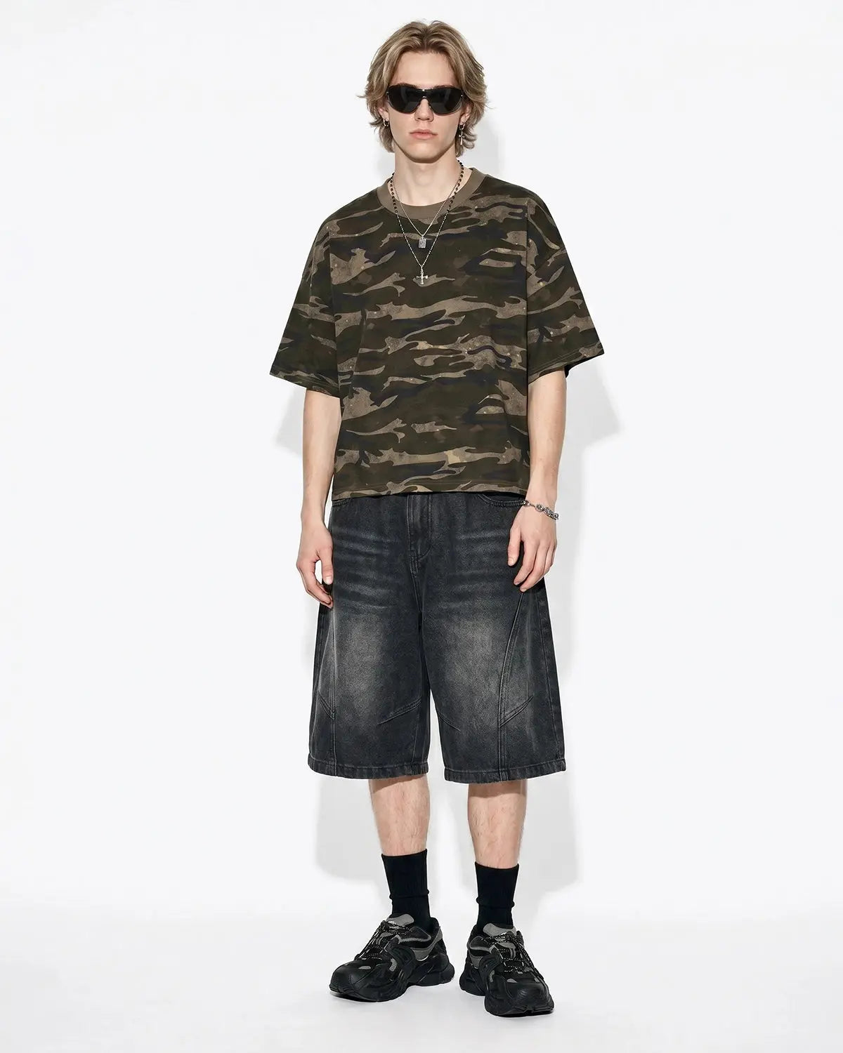 Inflation Streetwear structured washed denim shorts, casual pants with a relaxed fit and distressed details, on a neutral background.