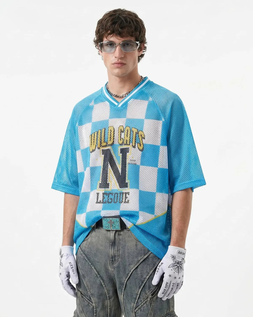 Inflation Streetwear Varsity Checkerboard Mesh Jersey featuring black and white checkered fabric and athletic fit.