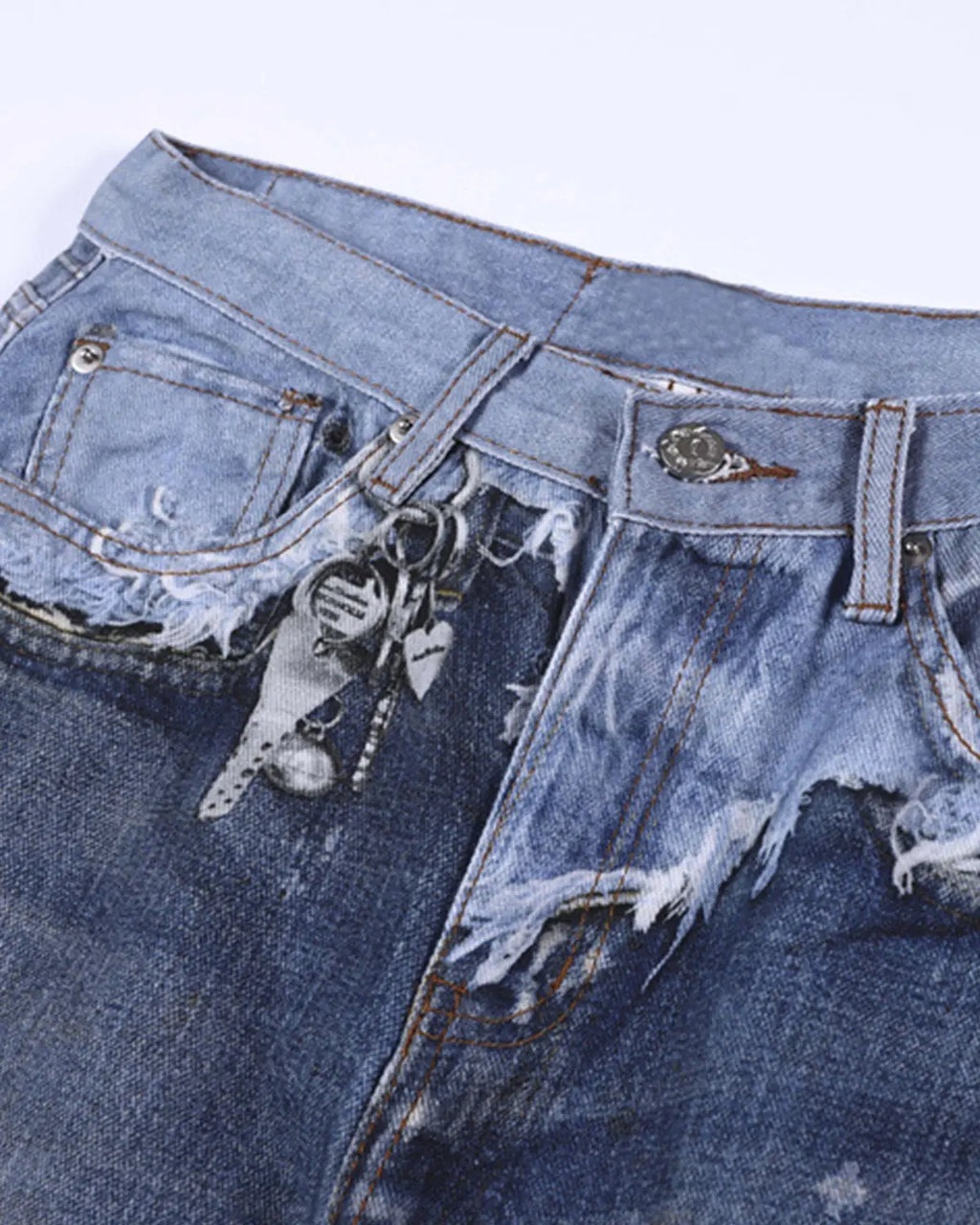 Digital print distressed baggy jeans by INFLATION Streetwear featuring a relaxed fit and trendy distressed design.