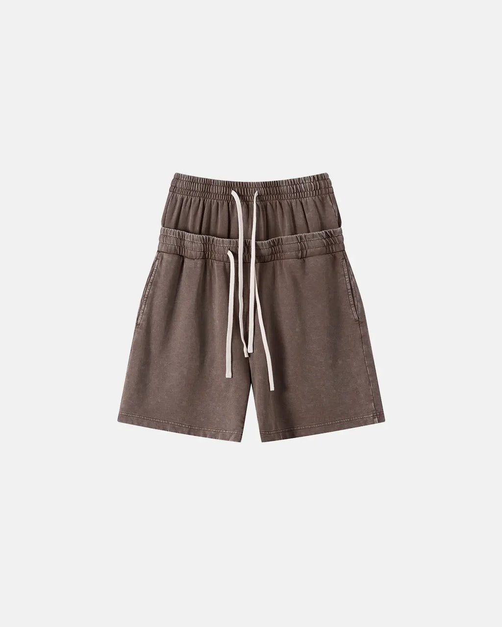 Inflation Double Waist Acid Wash Sweat Shorts showing distressed denim texture and relaxed fit design.