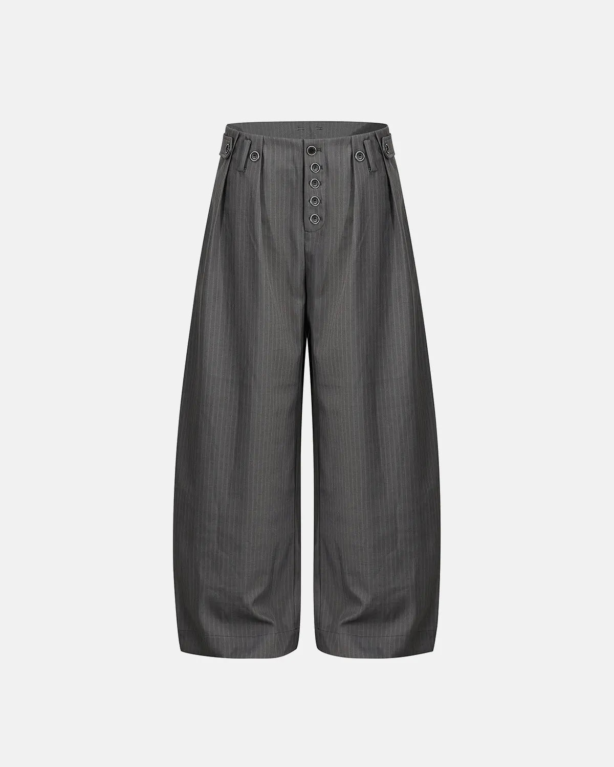 Inflation streetwear pinstripe buttons barrel suit pants with classic fit and stylish design, featuring pinstripe pattern and button details.