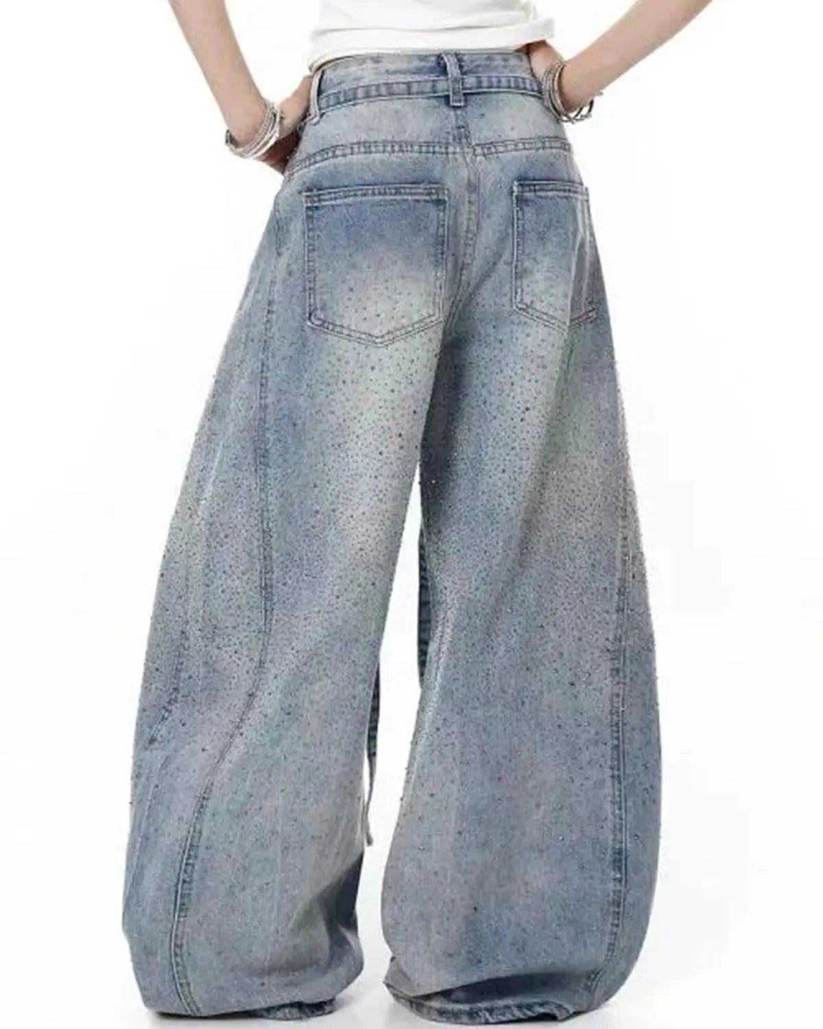 Inflation Rhinestone Baggy Barrel Jeans with sparkling rhinestone embellishments, relaxed fit, streetwear style, denim fabric.