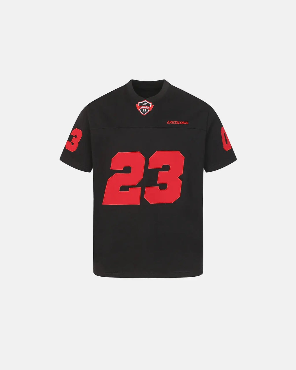 Inflation Streetwear varsity number applique t-shirt with bold number design on white fabric, casual streetwear style.