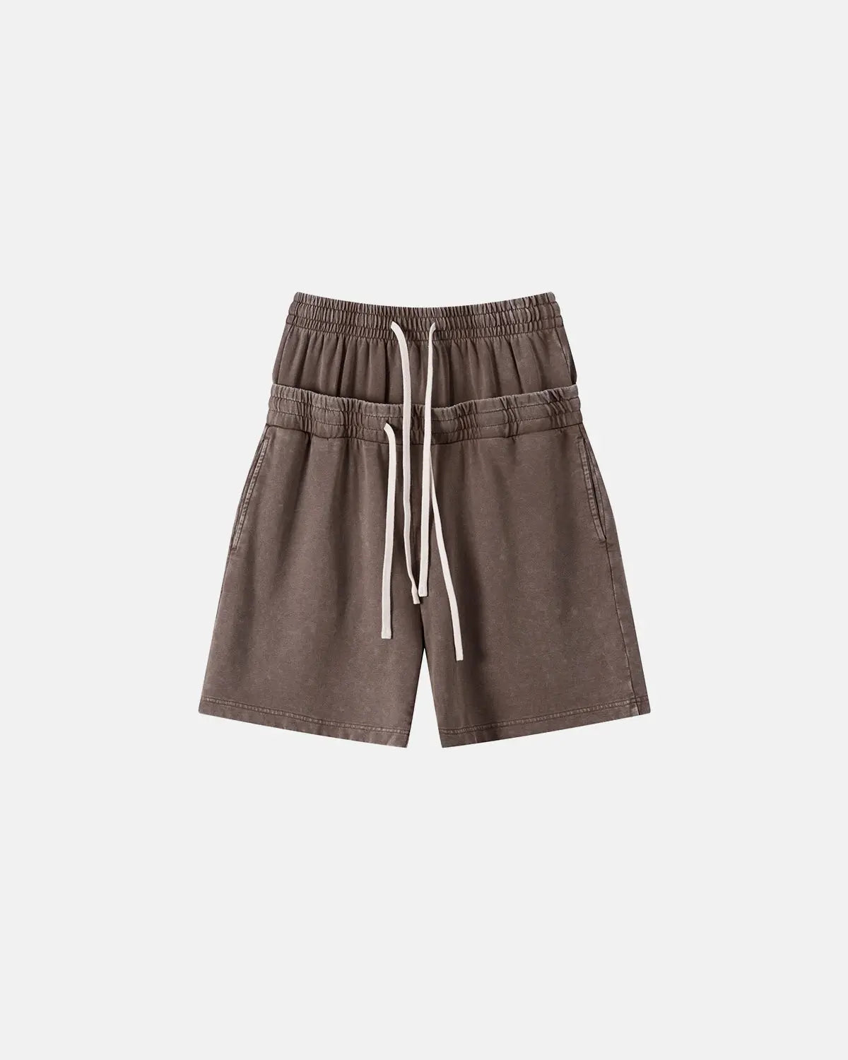 Inflation streetwear double waist acid wash sweat shorts with distressed details and relaxed fit, casual urban style.
