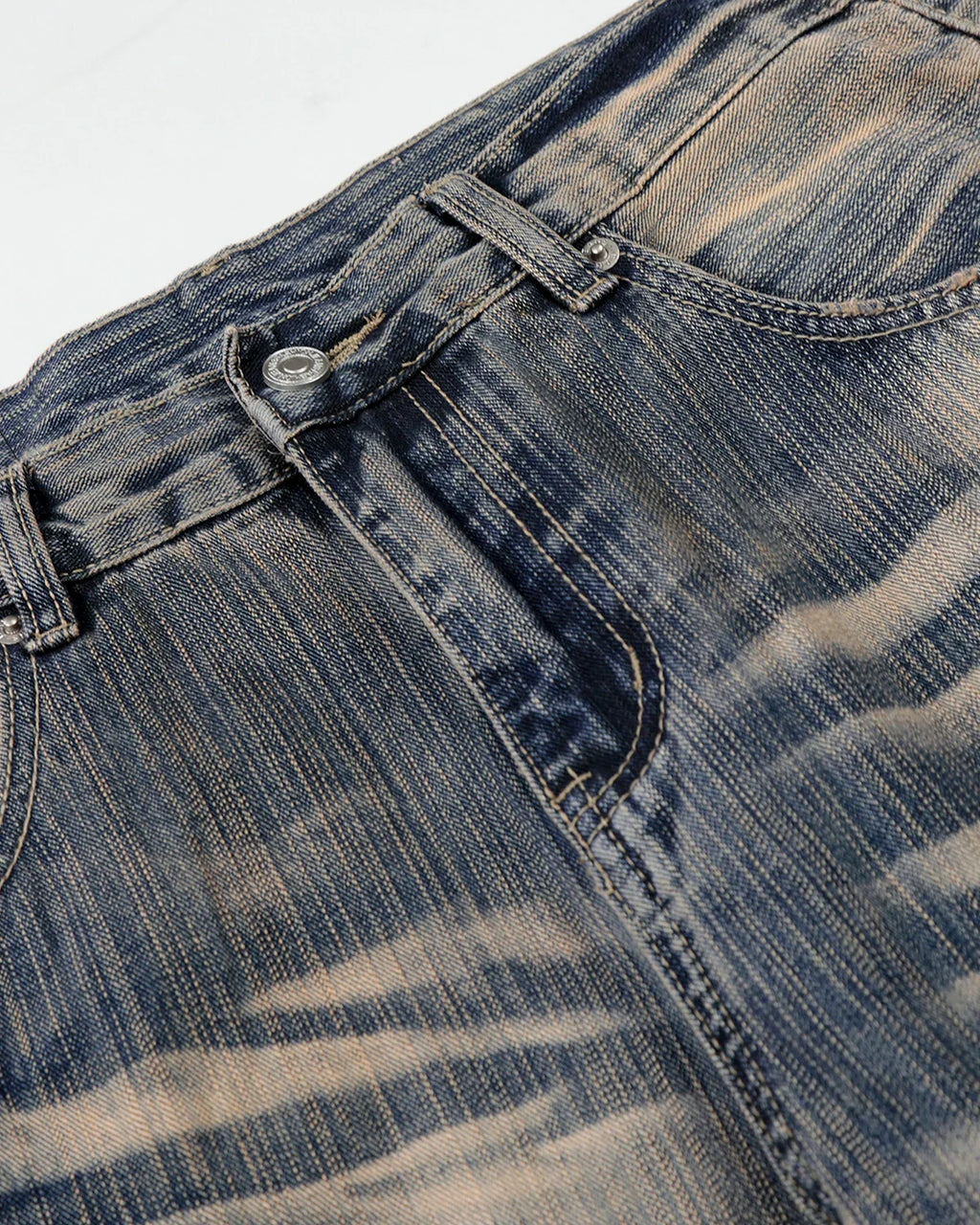 Inflation Streetwear Bamboo Weave Dirty Wash Barrel Jeans showing distressed denim, relaxed fit, and unique bamboo-inspired texture.