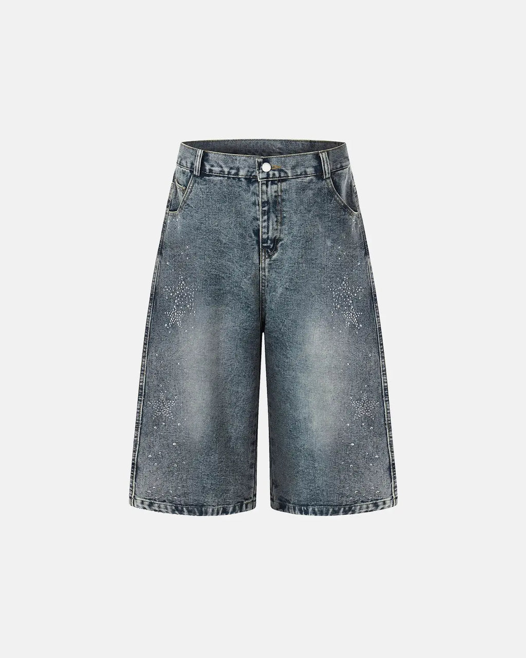 Inflation Star Rhinestone Denim Shorts, stylish pants with star embellishments and rhinestones, casual streetwear look.