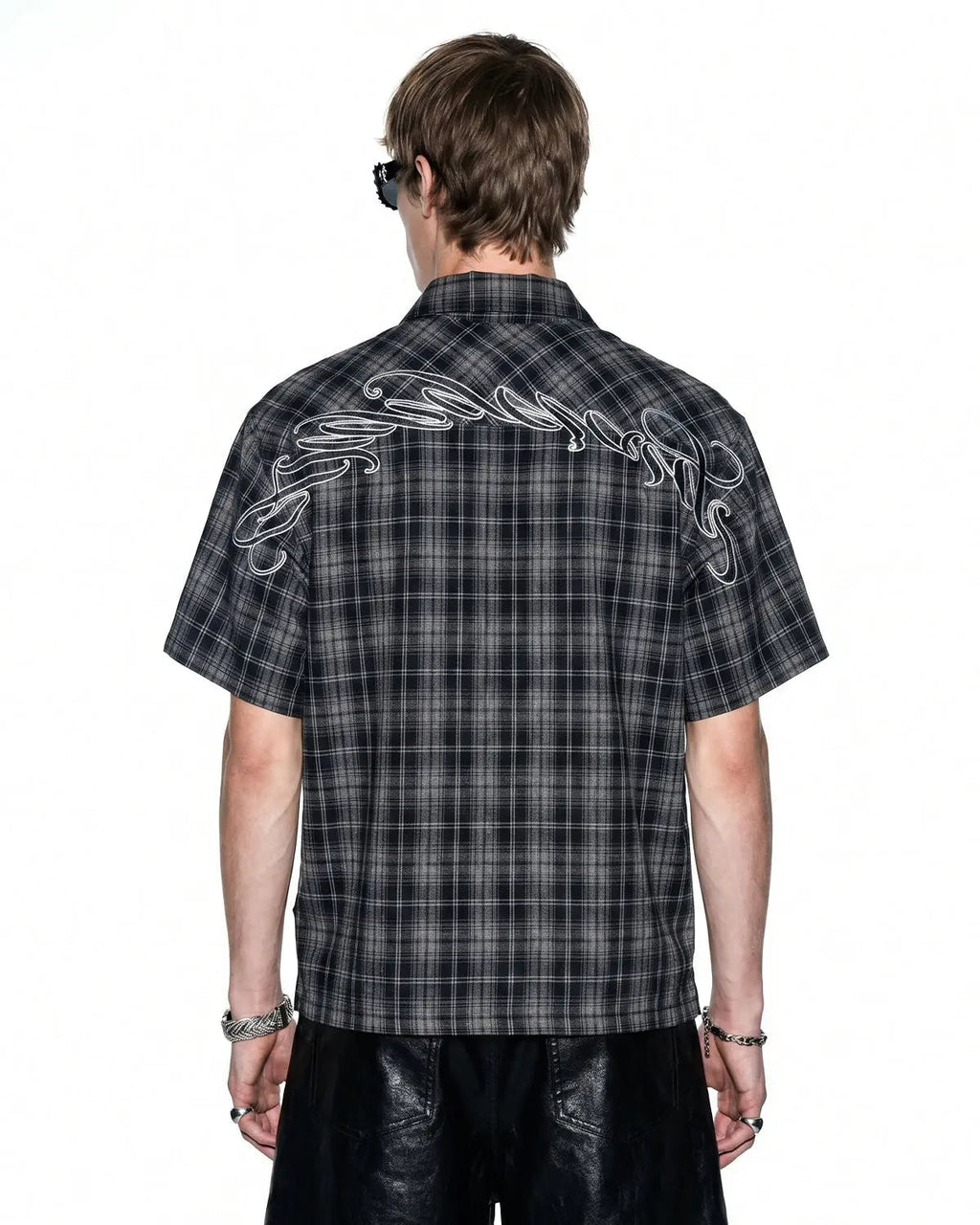 Embroidered plaid script shirt by INFLATION Streetwear, featuring a casual button-up design with embroidered details.