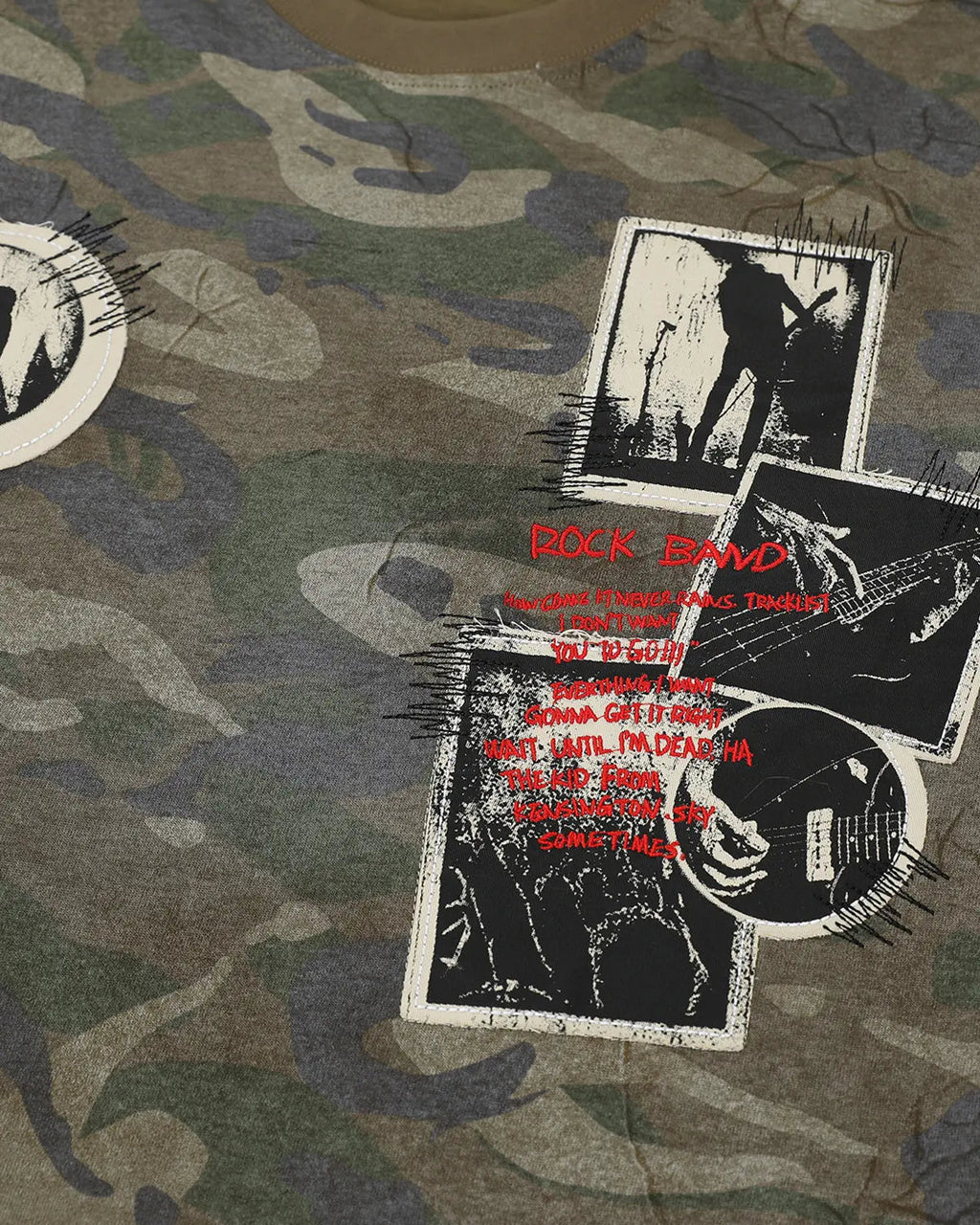 Vintage camo patch graphic T-shirt by INFLATION featuring a streetwear style with camouflage and patch details on the front.