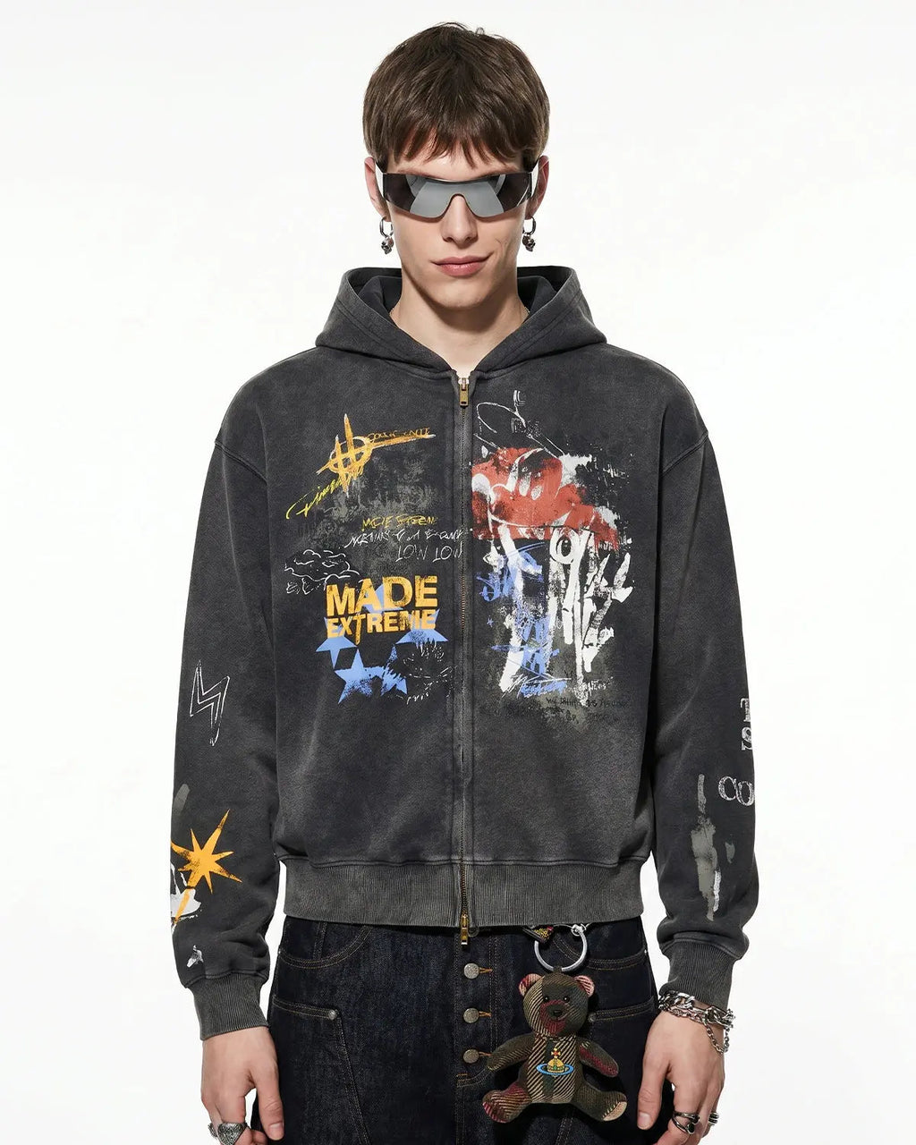 Boxy graffiti zip-up hoodie by INFLATION Streetwear, featuring bold graffiti designs and a modern, oversized fit.