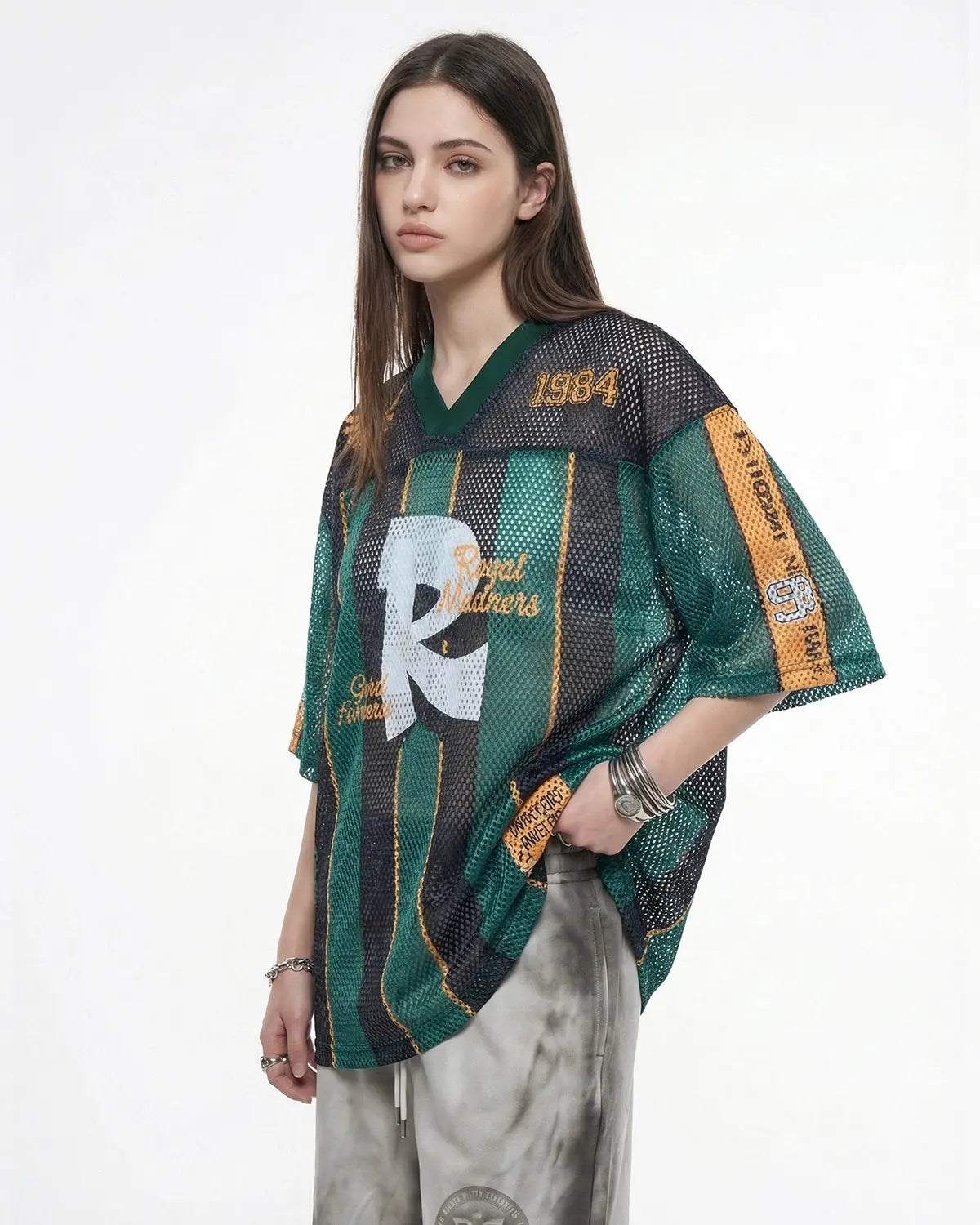 Vintage striped mesh jersey by INFLATION featuring colorful, breathable mesh fabric with bold stripe patterns for streetwear style.