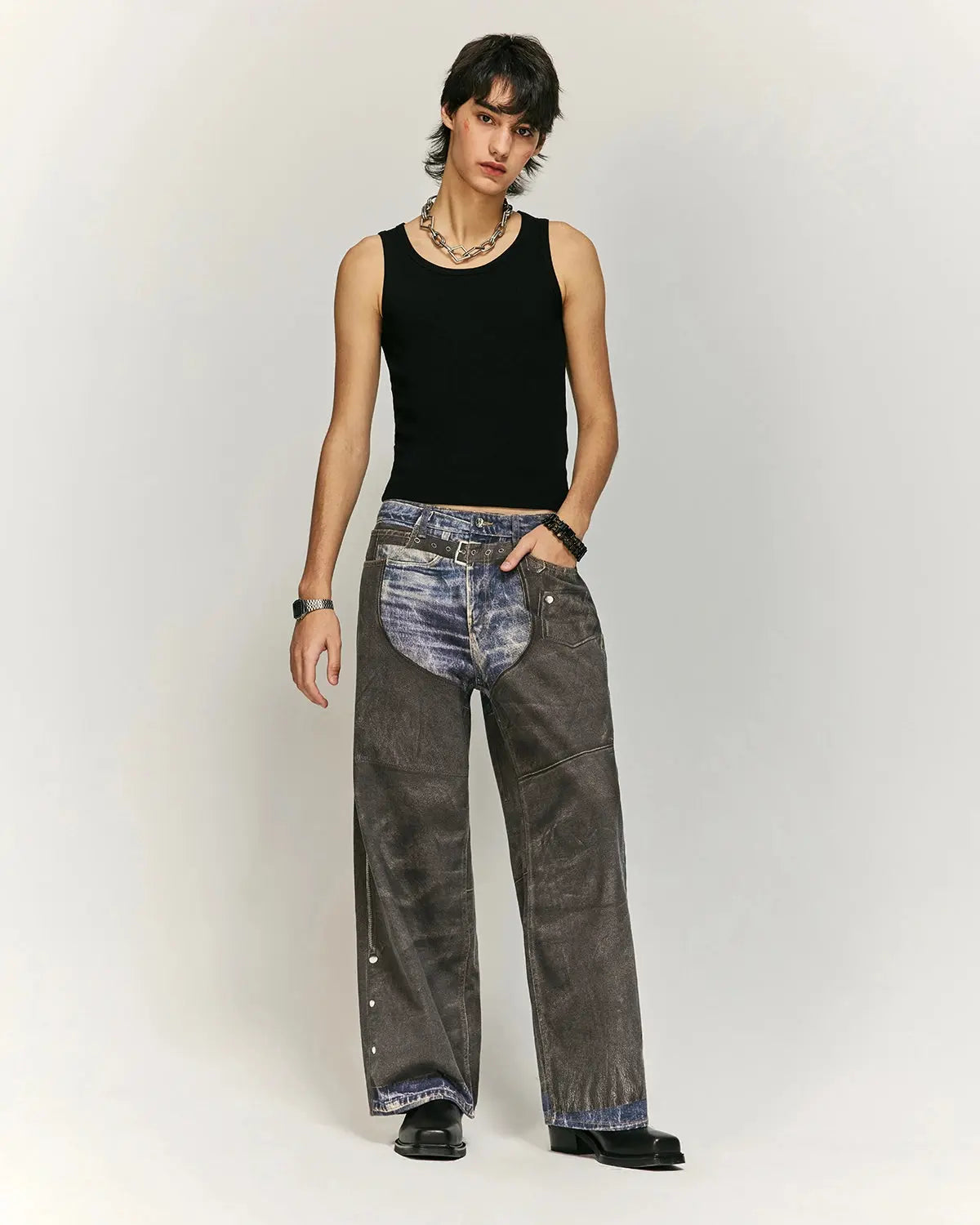 Colorblock digital printing cotton jeans by INFLATION featuring vibrant color panels and classic denim design.