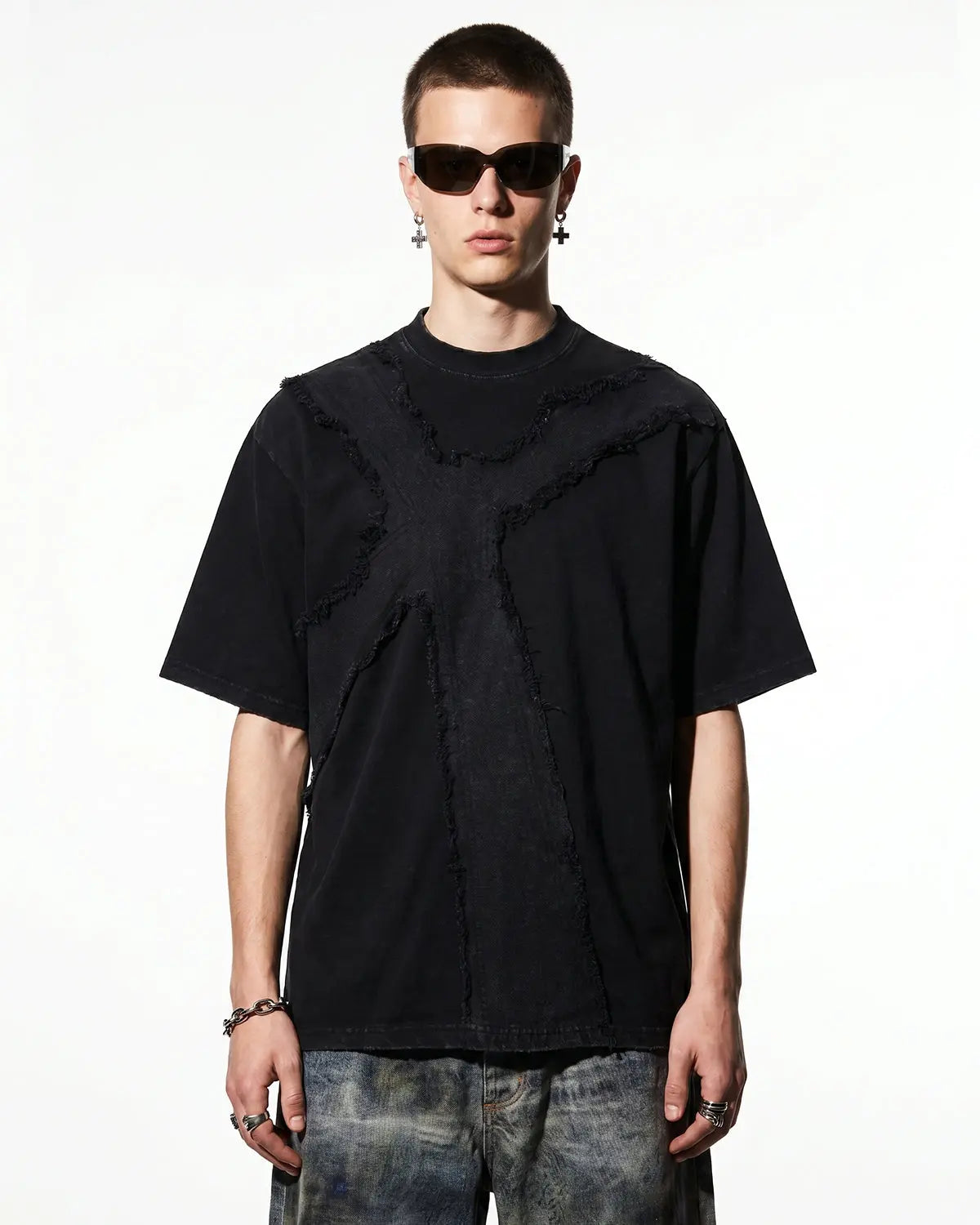 Deconstructed Cross Wash T-Shirt by INFLATION, streetwear style with distressed fabric and layered design on a casual fit shirt.