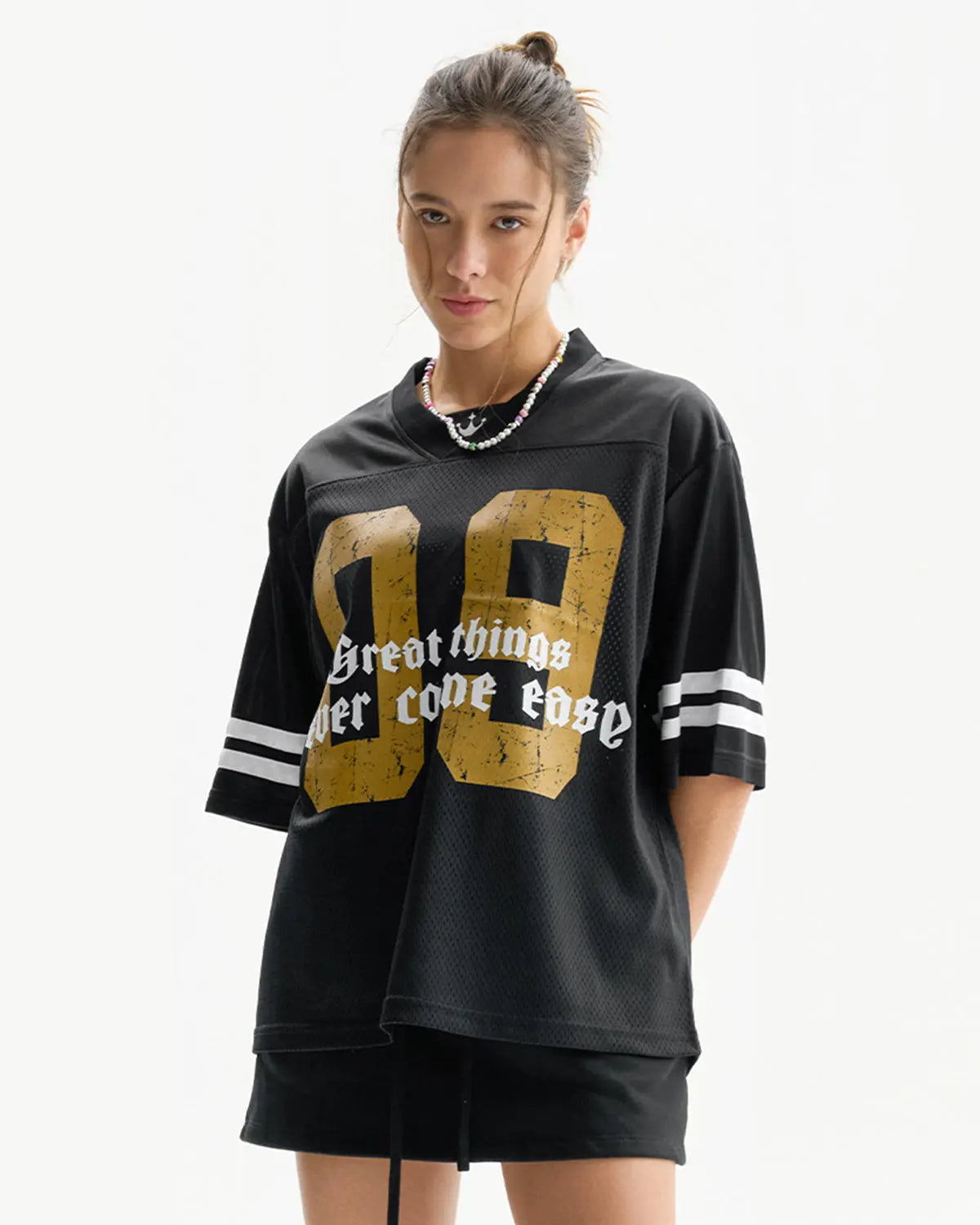 Inflation Satin Patchwork Mesh Jersey featuring colorful patchwork design and lightweight mesh fabric for stylish streetwear.