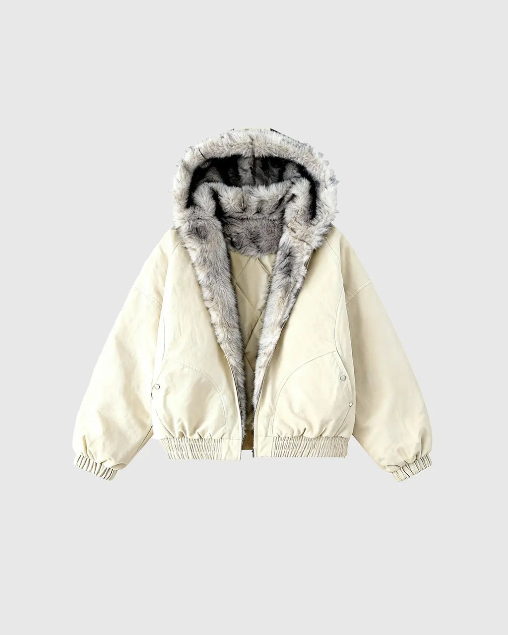 Inflation Streetwear faux fur lined padded bomber jacket with quilted design and ribbed cuffs, stylish winter outerwear.
