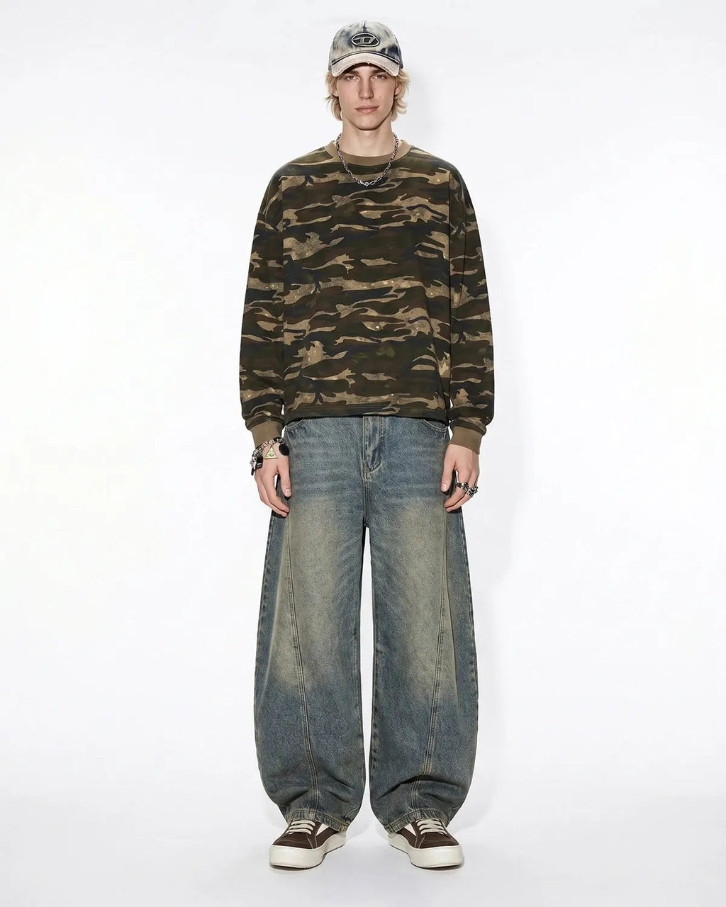 Inflation Streetwear Boxy Camo Tee in khaki, featuring a relaxed fit and camouflage pattern, casual streetwear style.
