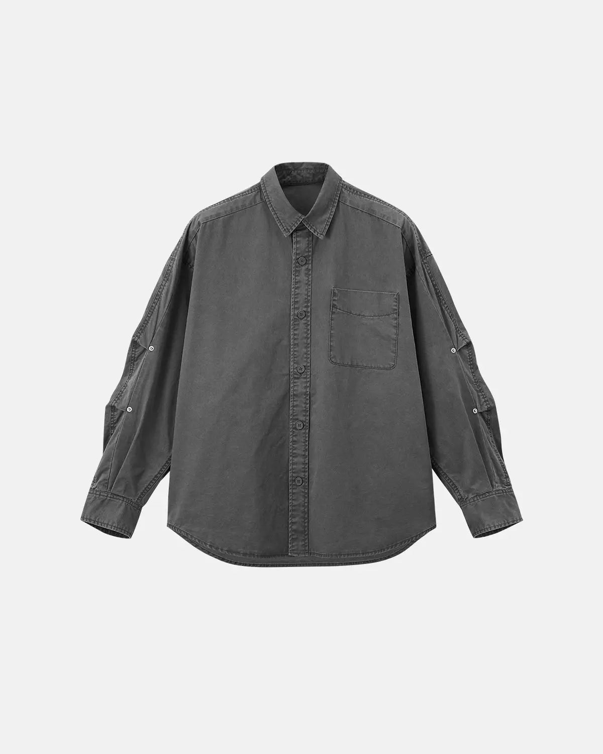 Acid wash cargo shirt jacket by INFLATION, featuring multiple pockets, button front, and streetwear style in a relaxed fit.