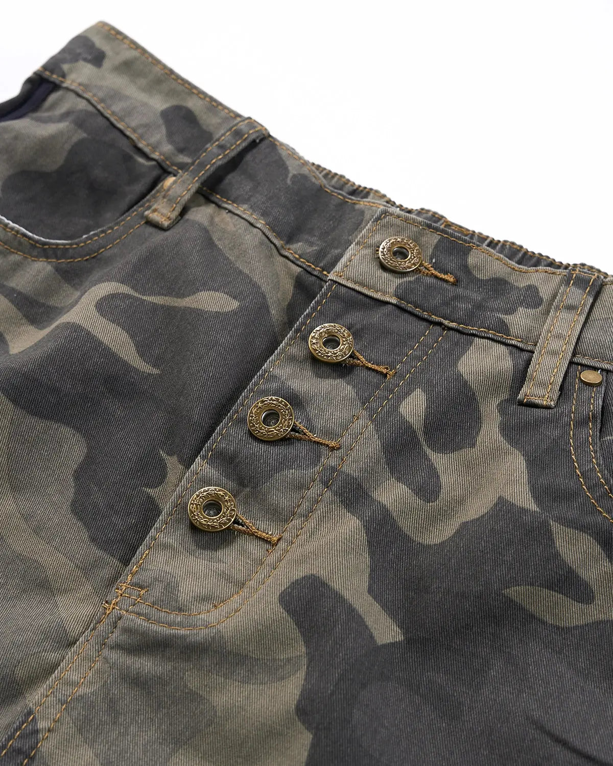 Camo side stripe wide-leg pants by INFLATION featuring camouflage print and relaxed fit, stylish streetwear design.