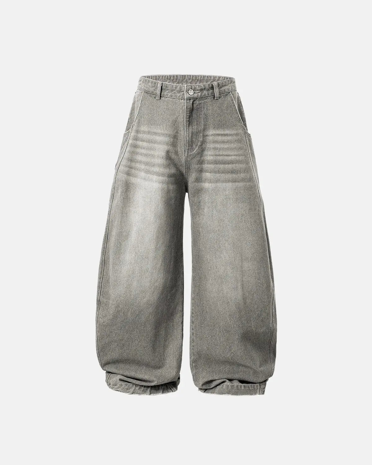 Inflation washed barrel baggy jeans showing relaxed fit and distressed denim details, casual pant style for everyday wear.