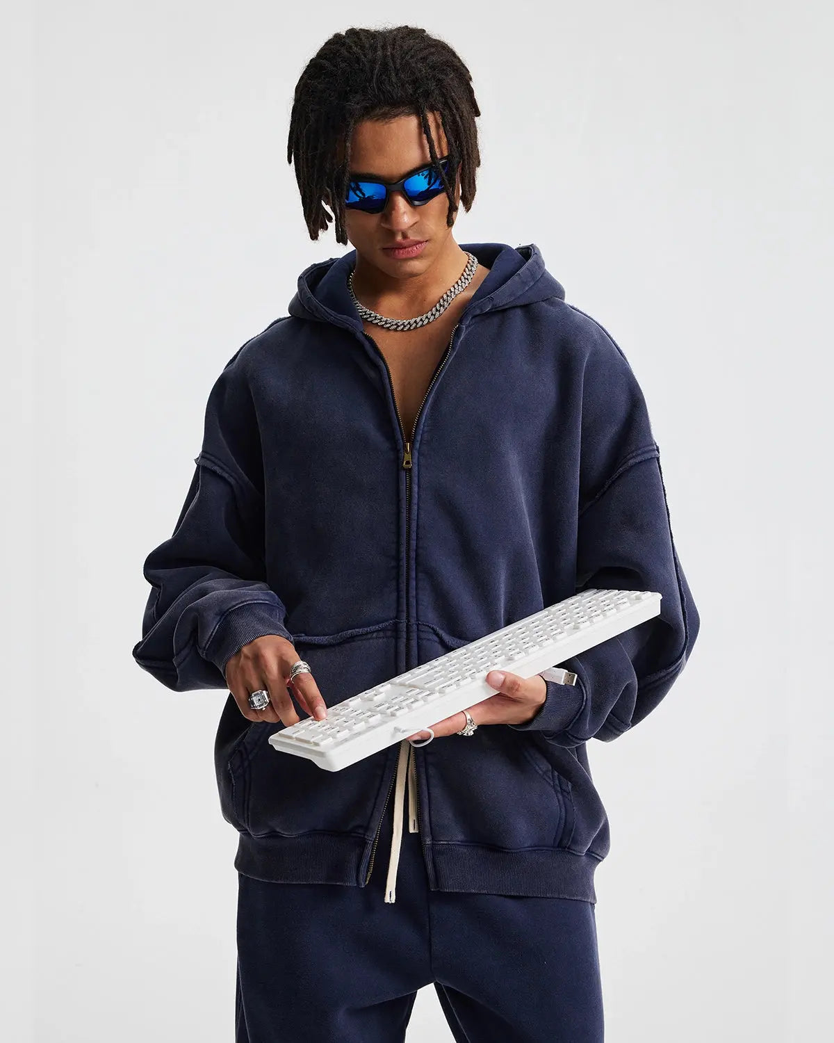 Inflation Streetwear distressed acid wash double zip hoodie with a relaxed fit and front zippers, showcasing a trendy, worn-in look.