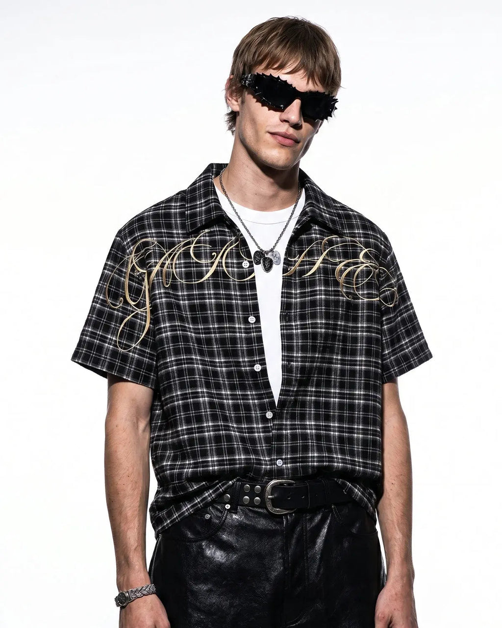 Inflation Streetwear Lettering Embroidery plaid shirt, casual fit with embroidered lettering, featuring a stylish plaid pattern.