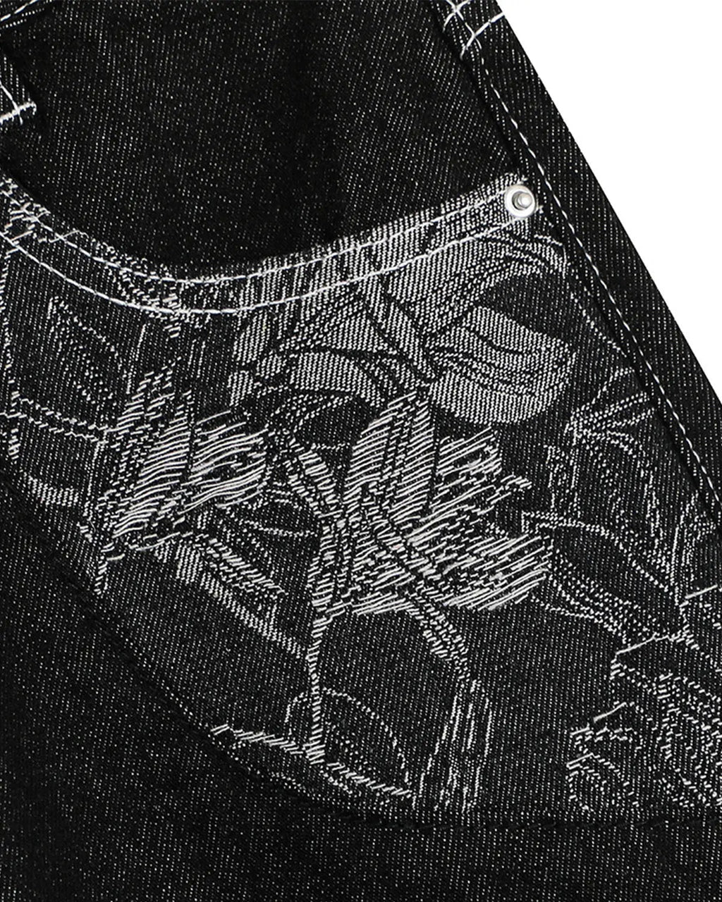 Baggy denim jorts with embroidered pocket from Inflation Streetwear, showing relaxed fit and detailed stitched pocket design.