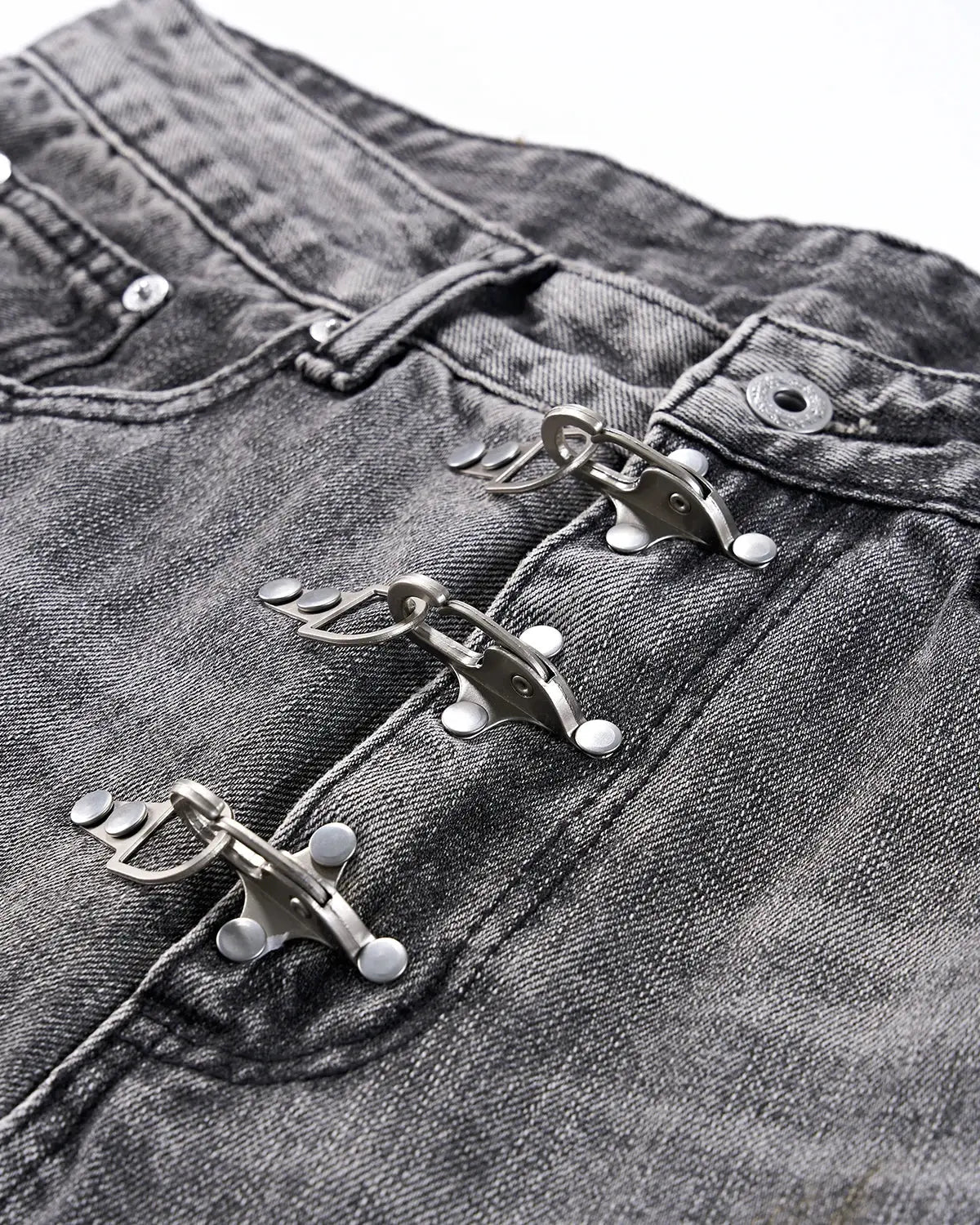 Inflation Streetwear metal clasp washed barrel jeans, casual pants with metal button details and relaxed fit, navy blue denim style