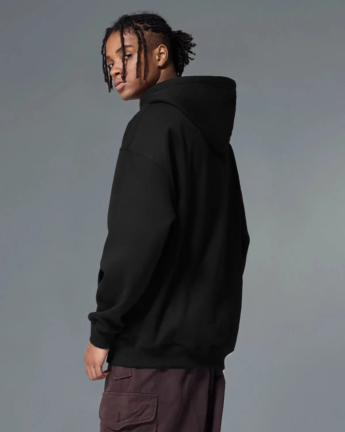 Inflation Premium Thermal Oversized Hoodie in dark gray with thick fabric and cozy hood, perfect for warm winter wear.