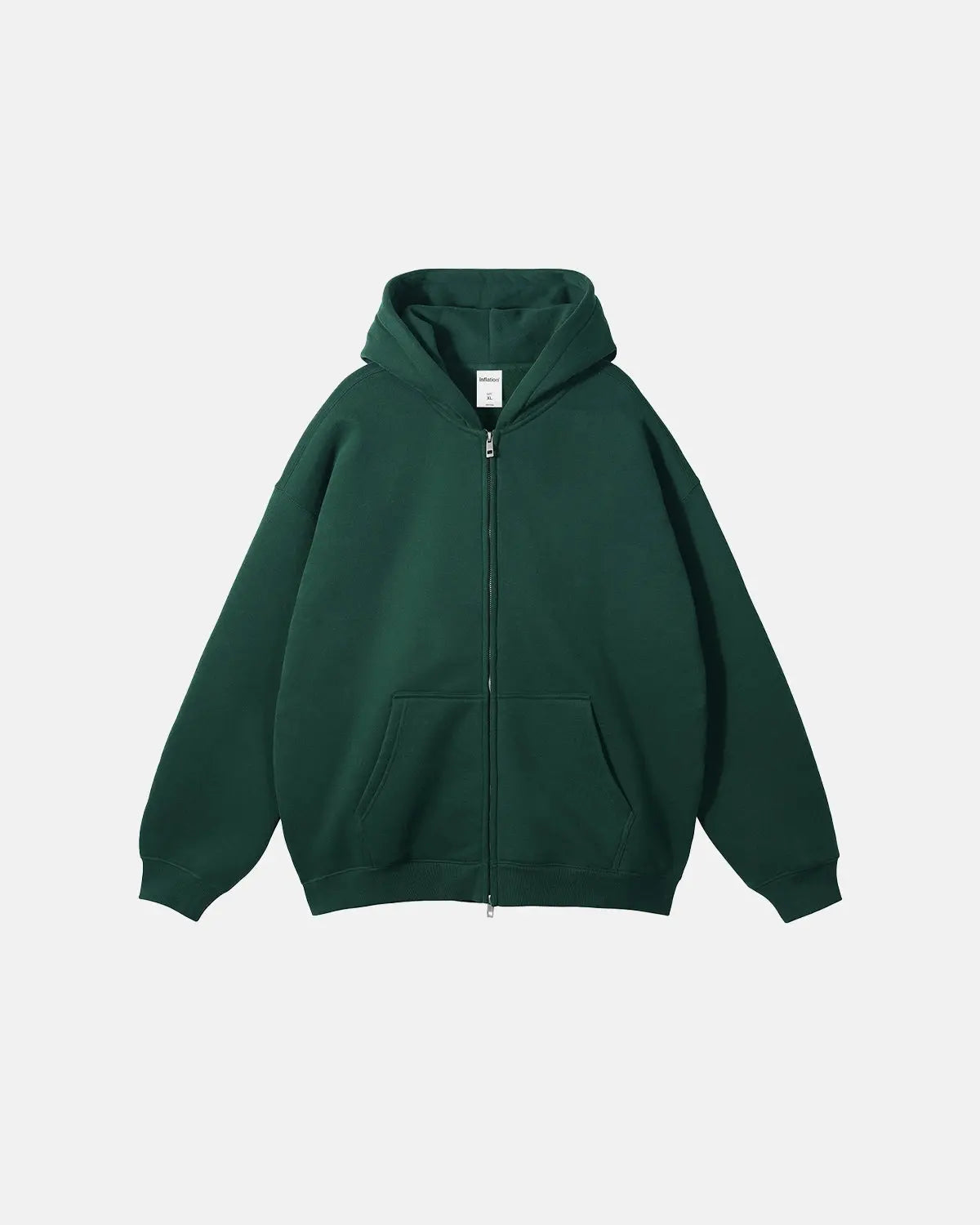 Inflation Streetwear fleece double zip-up hoodie jacket featuring a soft, cozy fabric and front zippers, stylishly displayed on a model.