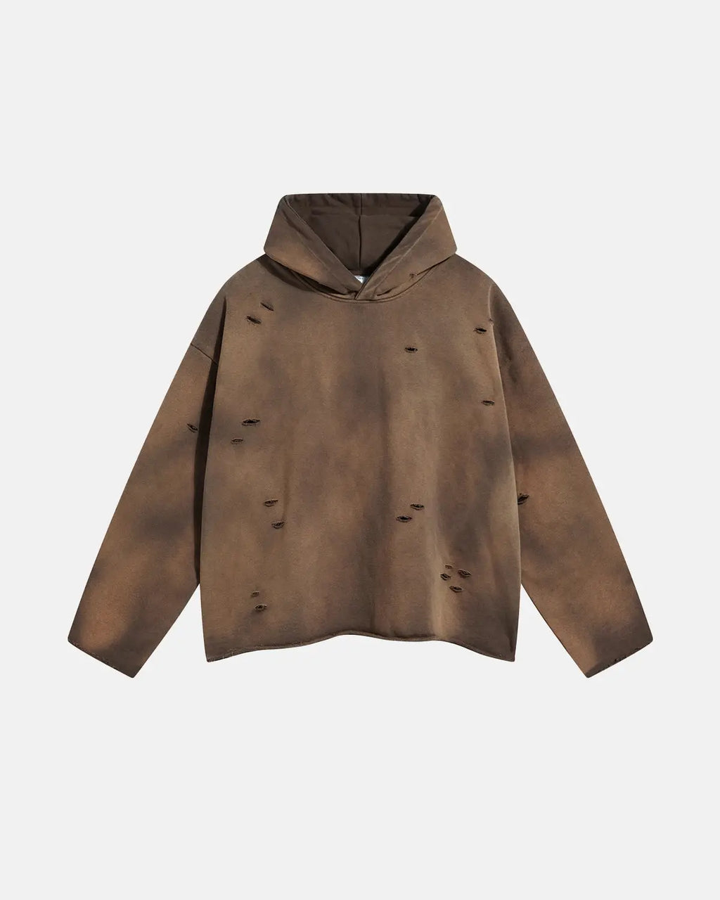 Acid wash ripped boxy hoodie by INFLATION, featuring distressed details and a relaxed fit, displayed on a hanger.
