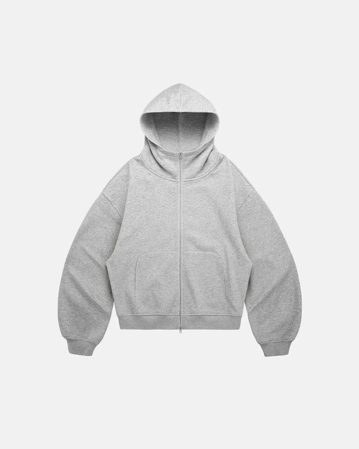 Inflation Streetwear high collar fleece double zip-up hoodie, featuring a cozy fleece material and stylish design.