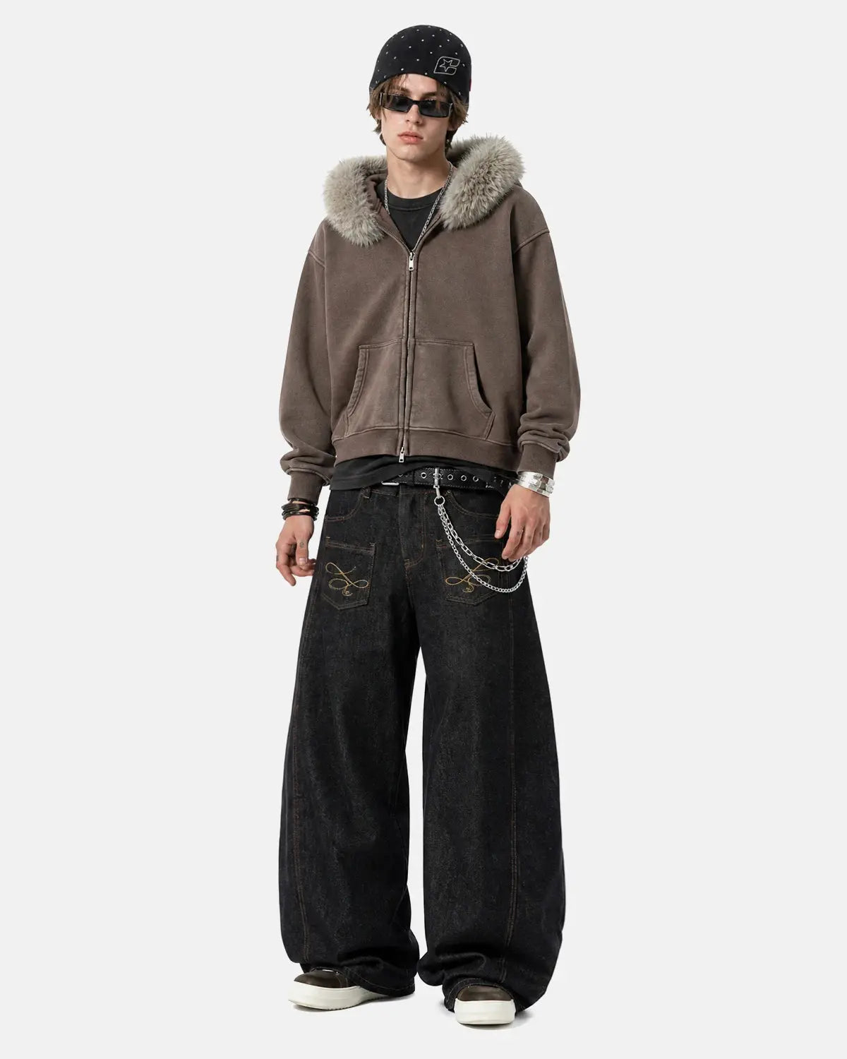 Inflation streetwear faux fur collar acid wash zip-up hoodie with hood and front pockets, stylish urban casual look.
