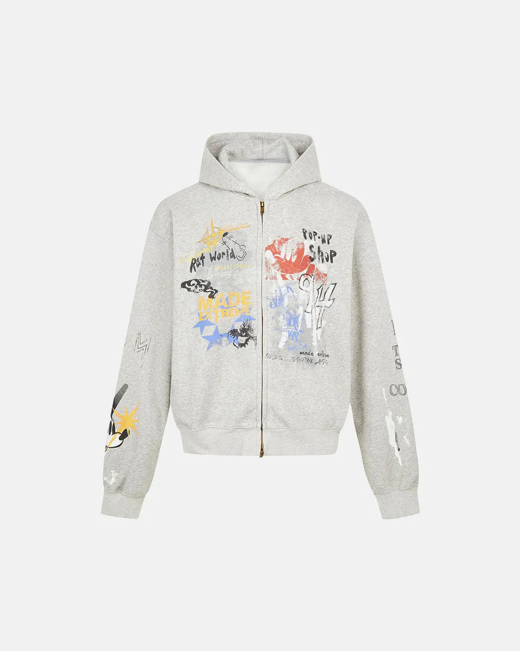 Boxy graffiti zip-up hoodie by INFLATION Streetwear, featuring bold graffiti designs and a relaxed fit on a model.
