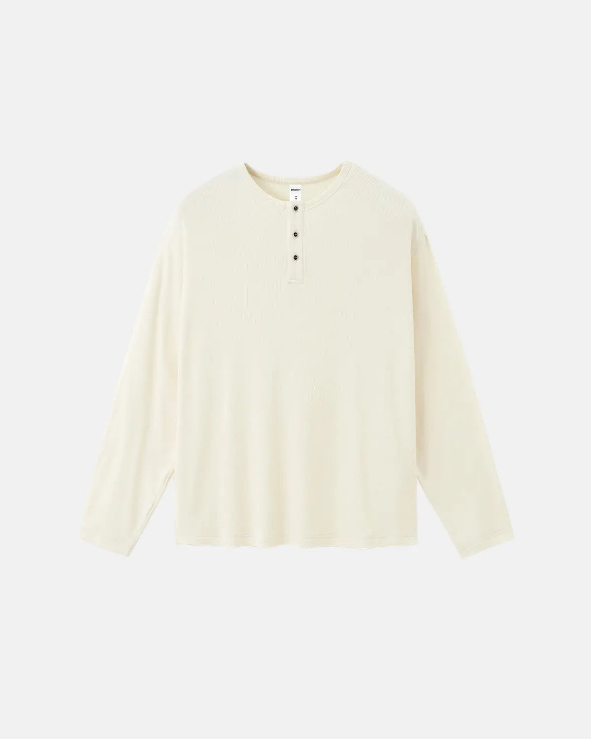 Inflation Streetwear Henley collar long sleeve T-shirt in black, showing close-up of the neckline and fabric texture.