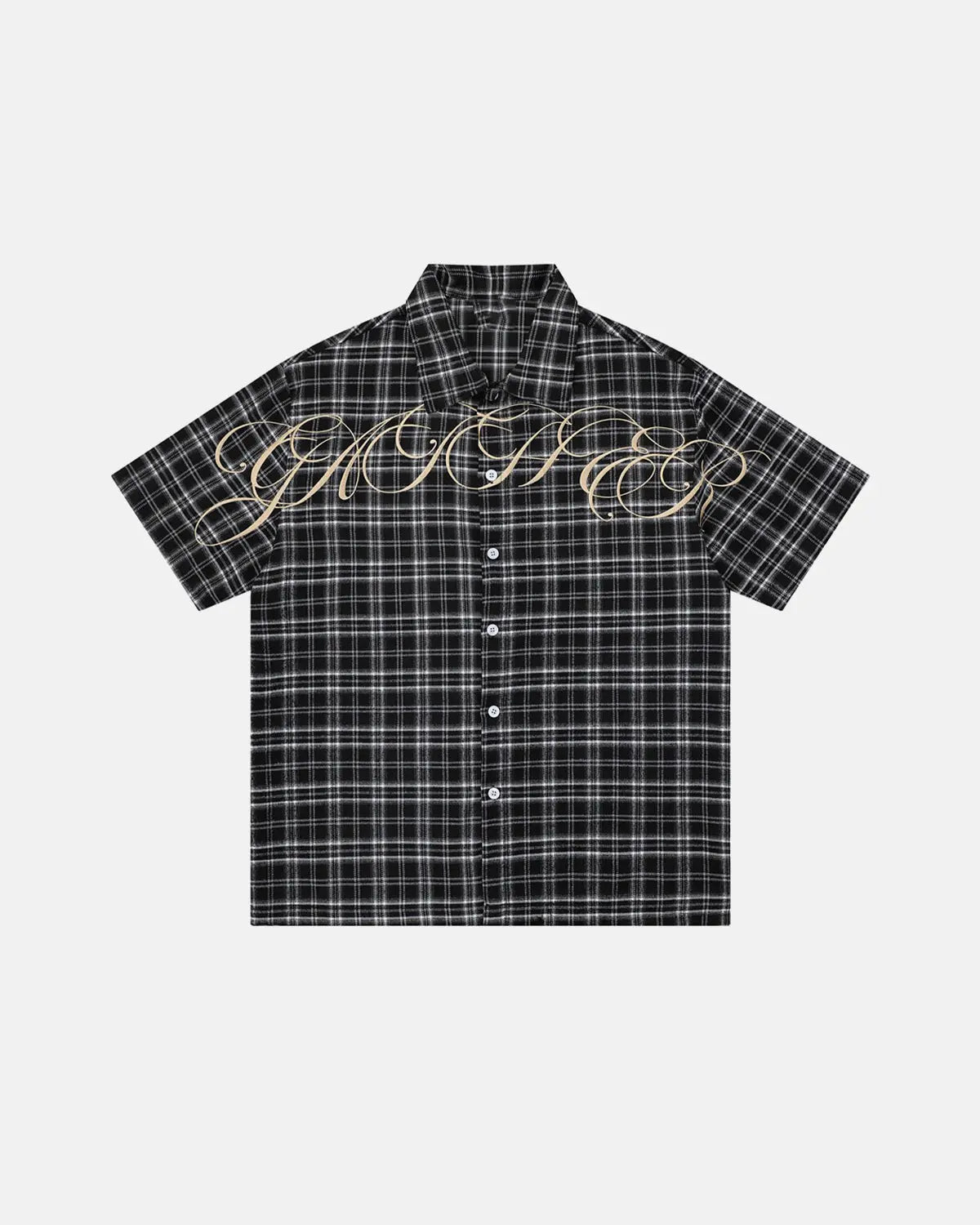 Inflation Streetwear lettering embroidery plaid shirt with button-up front, classic collar, and bold design in a casual style.