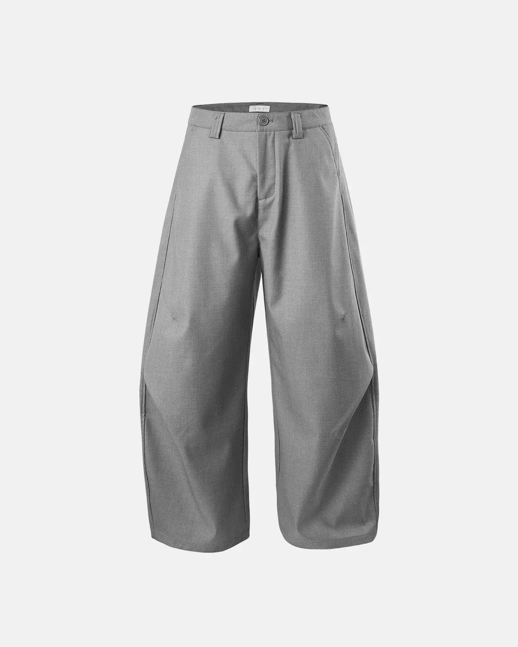 Inflation streetwear pleated barrel tailored pants in neutral fabric, featuring a high-waist design and tapered fit.