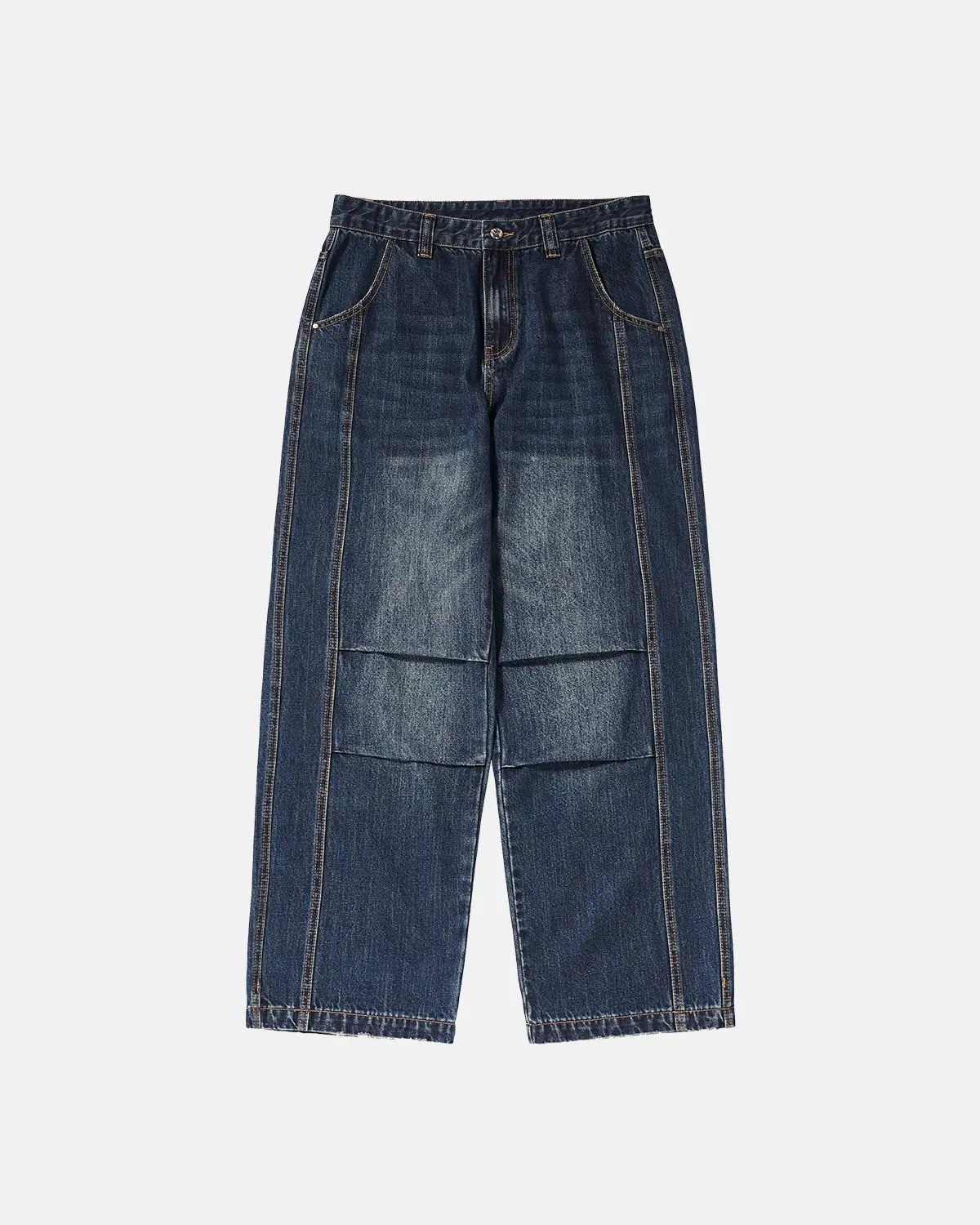 INFLATION faded dirty baggy cargo jeans with distressed details and relaxed fit, displayed on a hanger.