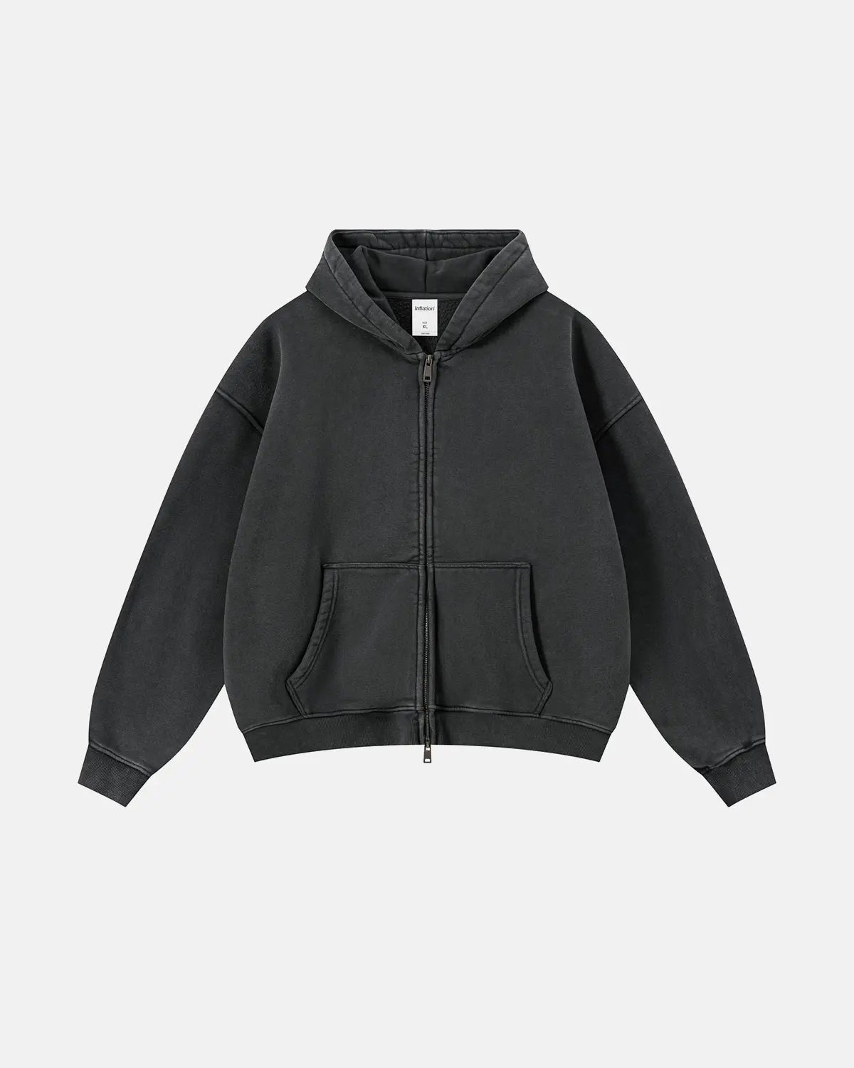 Vintage washed fleece boxy zip hoodie by INFLATION, featuring a relaxed fit, soft fleece fabric, and casual streetwear style.
