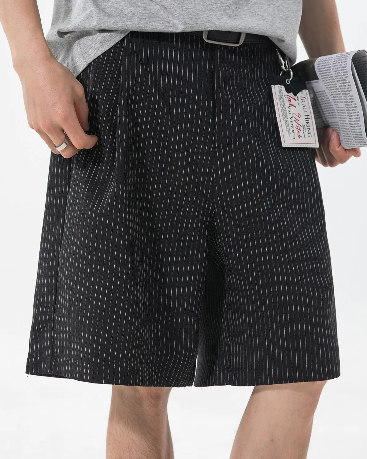 Inflation Pinstripe Pleated Tailored Shorts, stylish men's pants with a tailored fit and classic pinstripe design.