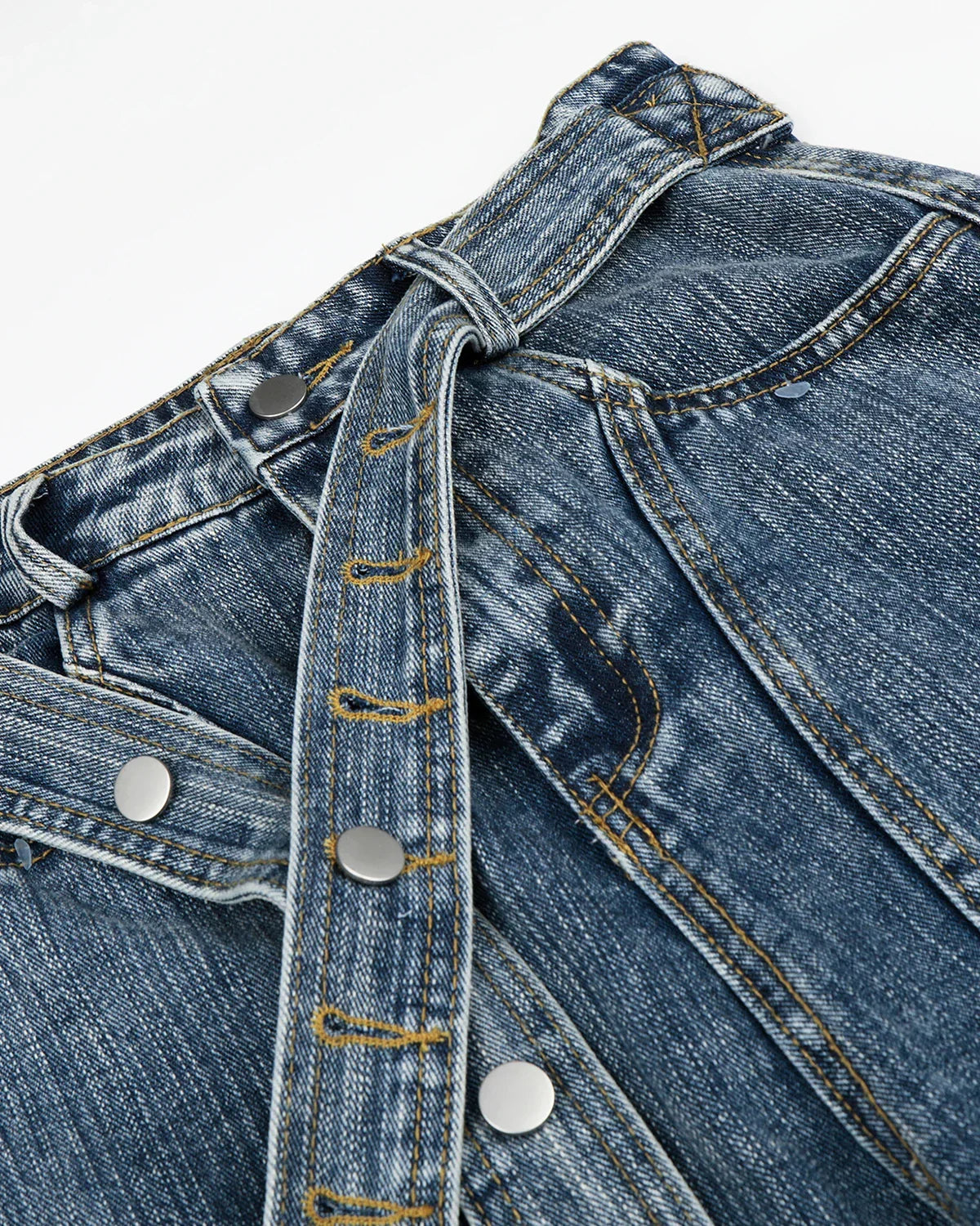 Inflation Streetwear belted bamboo weave barrel jeans showing relaxed fit, stylish design, and woven denim texture.