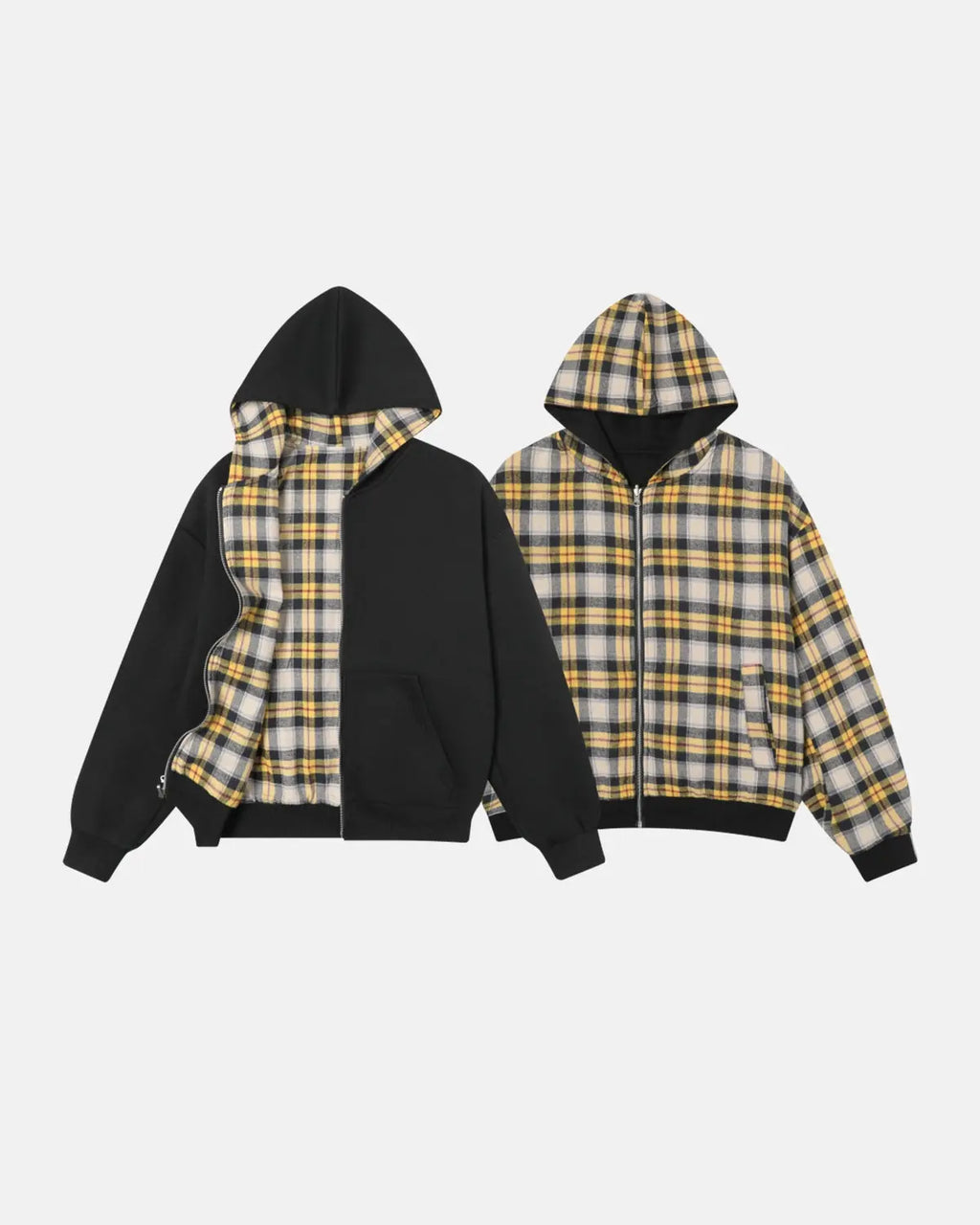 Reversible plaid zip-up hoodie by INFLATION, showing both plaid and solid sides, with a front zipper and hood.