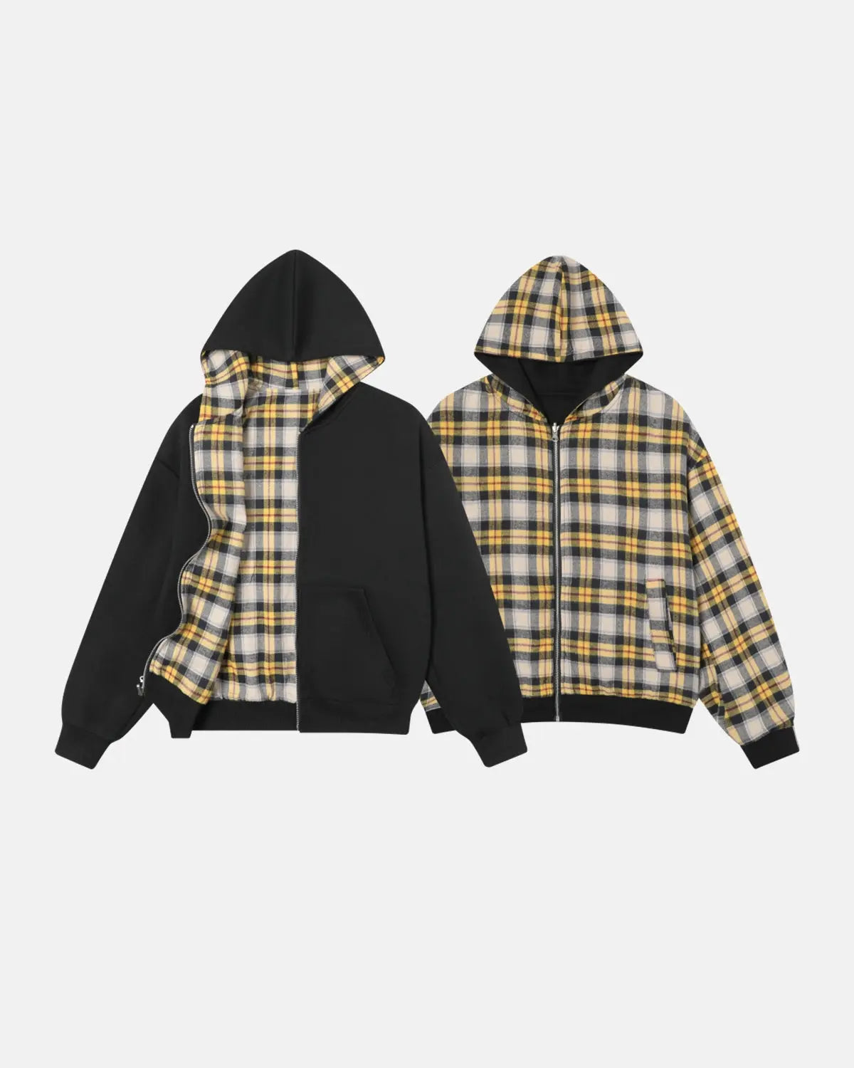 Reversible plaid zip-up hoodie by INFLATION, showing both plaid and solid sides, with a front zipper and hood.