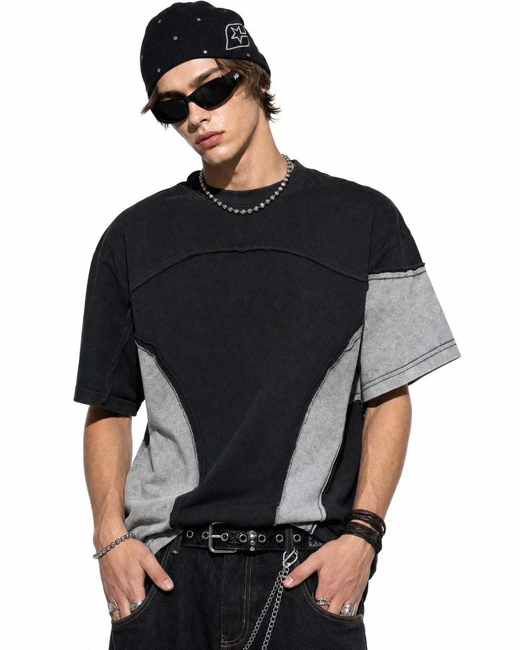 Patchwork washed boxy cropped T-shirt by INFLATION Streetwear featuring colorful patchwork design and relaxed fit.