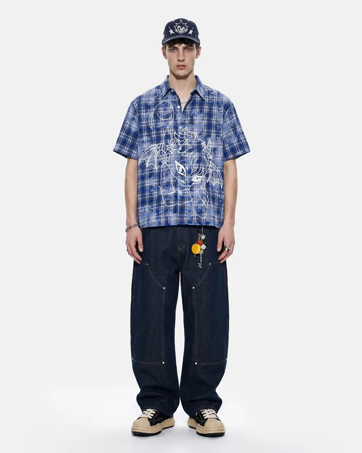Inflation Streetwear devil embroidered plaid shirt with detailed embroidery and classic plaid pattern, casual streetwear style.