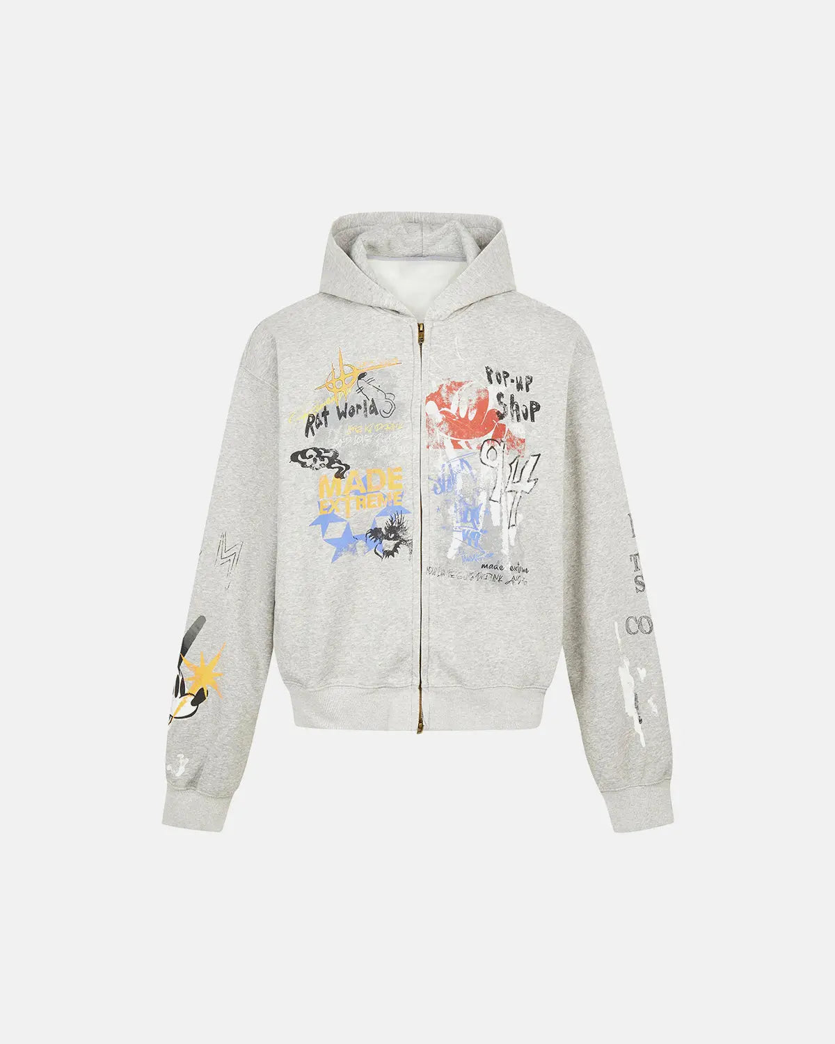 Inflation Streetwear boxy graffiti zip-up hoodie featuring bold graffiti designs and a relaxed fit, displayed on a hanger.