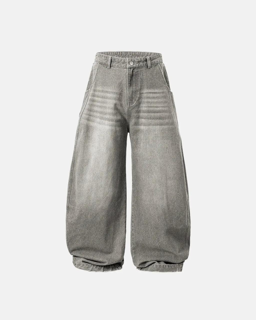 Inflation washed barrel baggy jeans, relaxed fit pants with a faded denim look, styled with a casual, oversized silhouette.