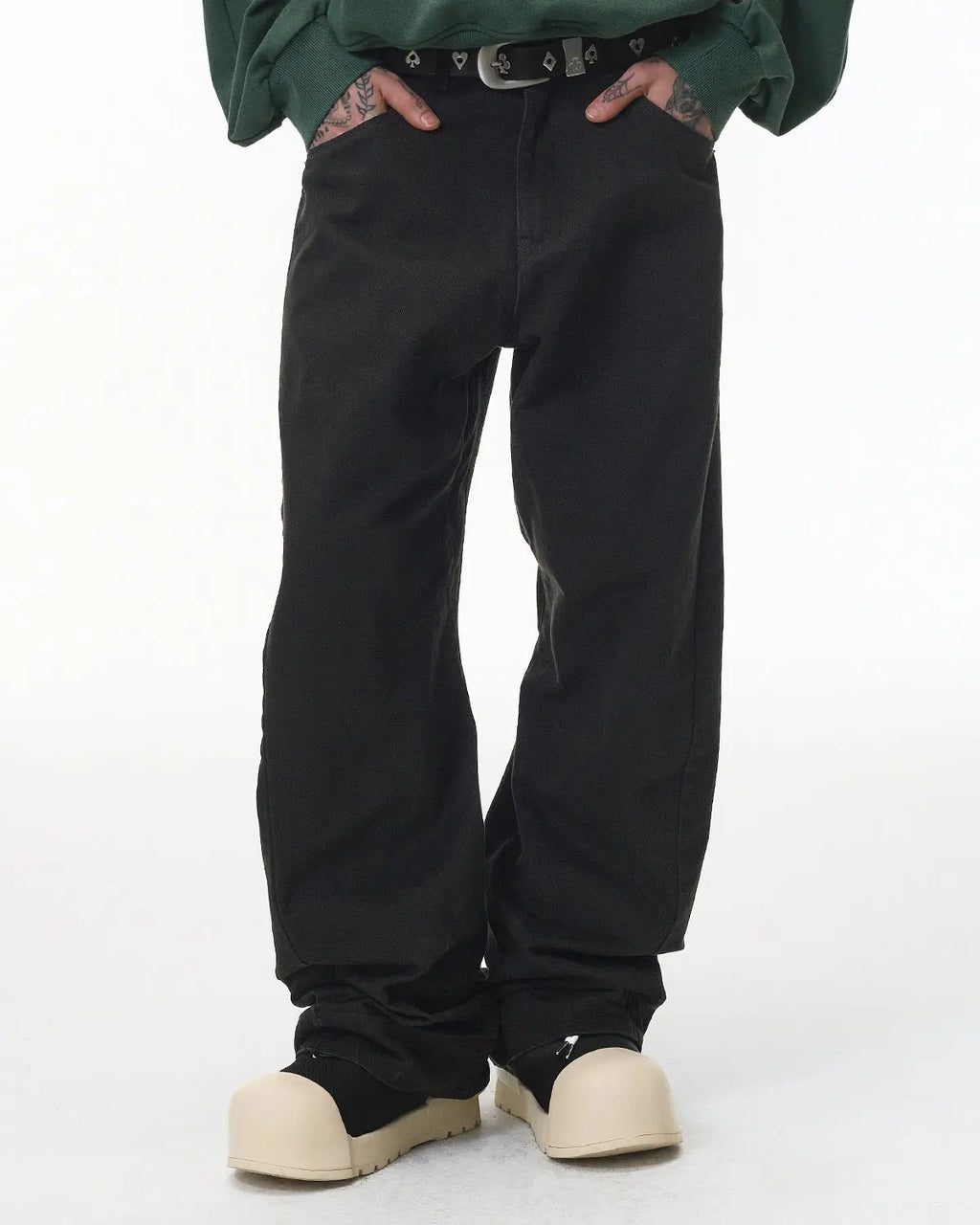 Inflation Stitching Flare Baggy Jeans featuring stitched details and a relaxed fit, perfect for streetwear style.