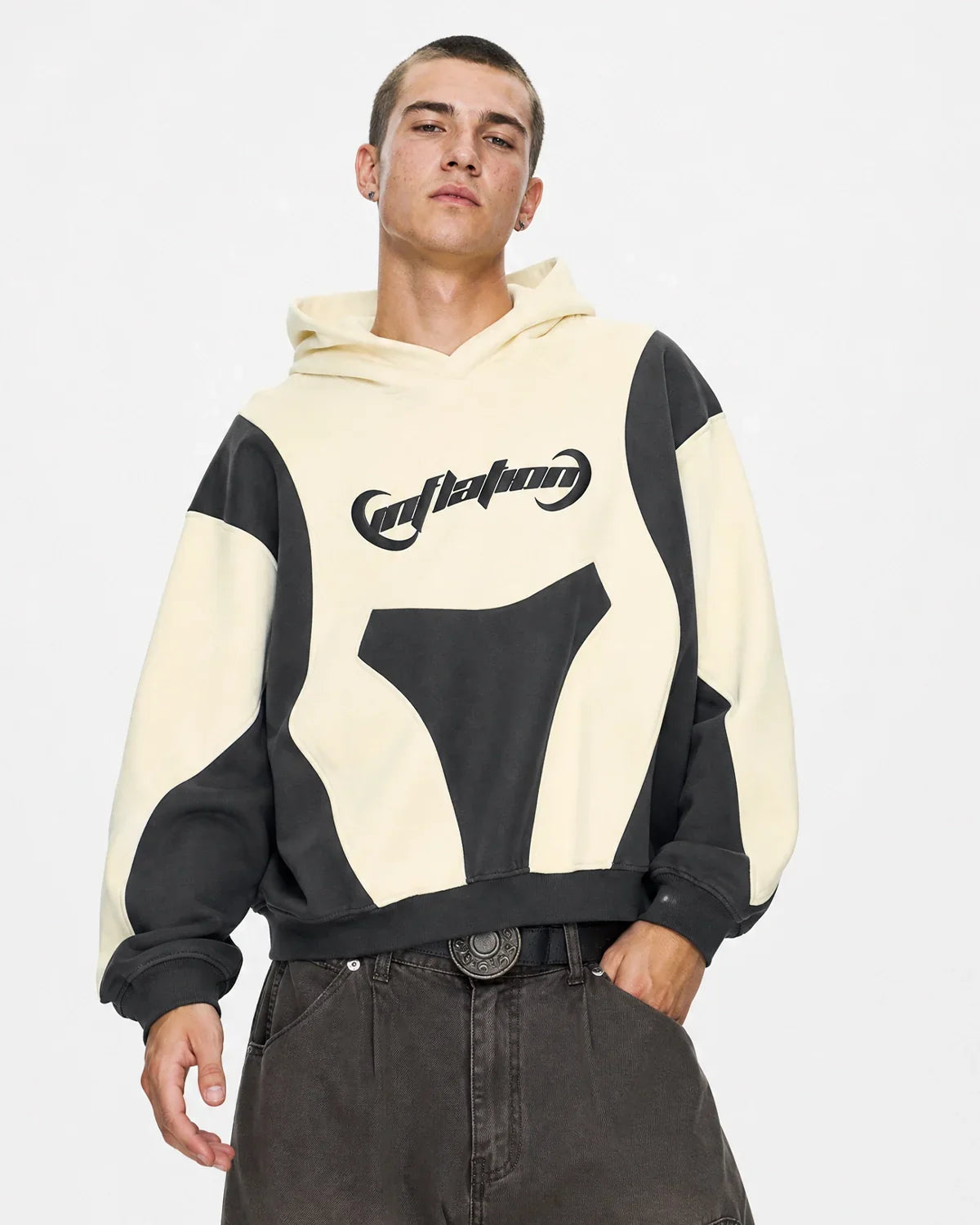 Inflation streetwear patchwork puff print hoodie with colorful quilted design and cozy hood, casual urban fashion.